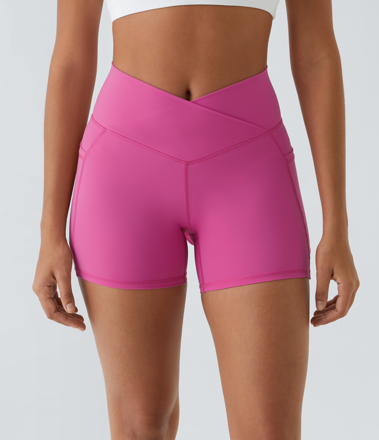 Halara Breezefulв„ў High Waisted Crossover Side Pocket Back Flare Quick Dry Yoga Shorts Gym Short - Fuchsia Fedora - S booty shorts 