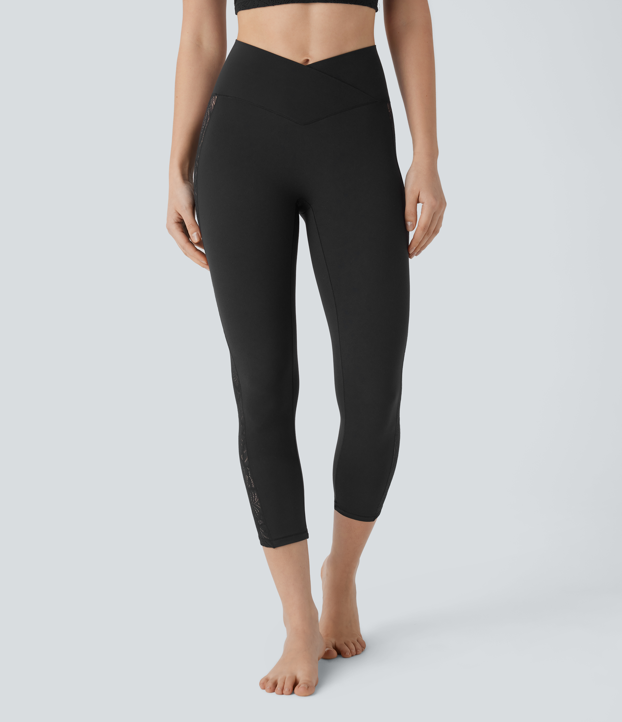 Halara Softlyzeroв„ў High Waisted Crossover Contrast Lace Capri Yoga Leggings-UPF50+  - Black - M gym leggings leggings with pockets 