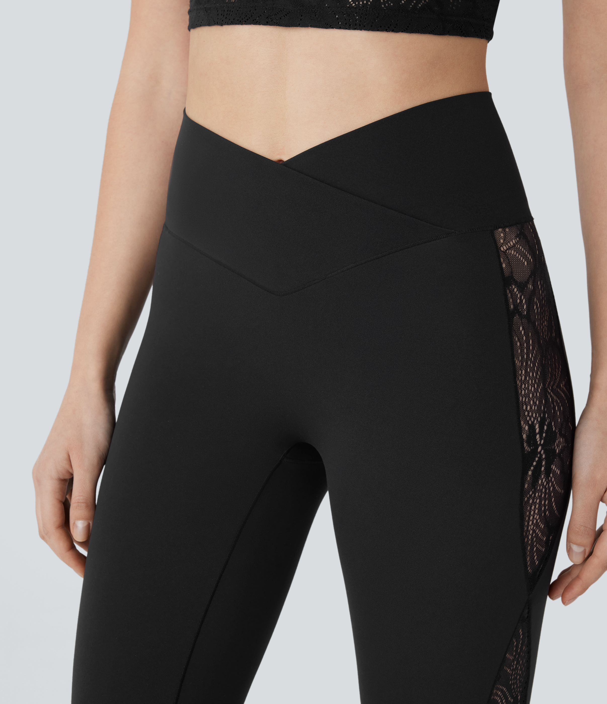 Halara Softlyzeroв„ў High Waisted Crossover Contrast Lace Capri Yoga Leggings-UPF50+  - Black - M gym leggings leggings with pockets 