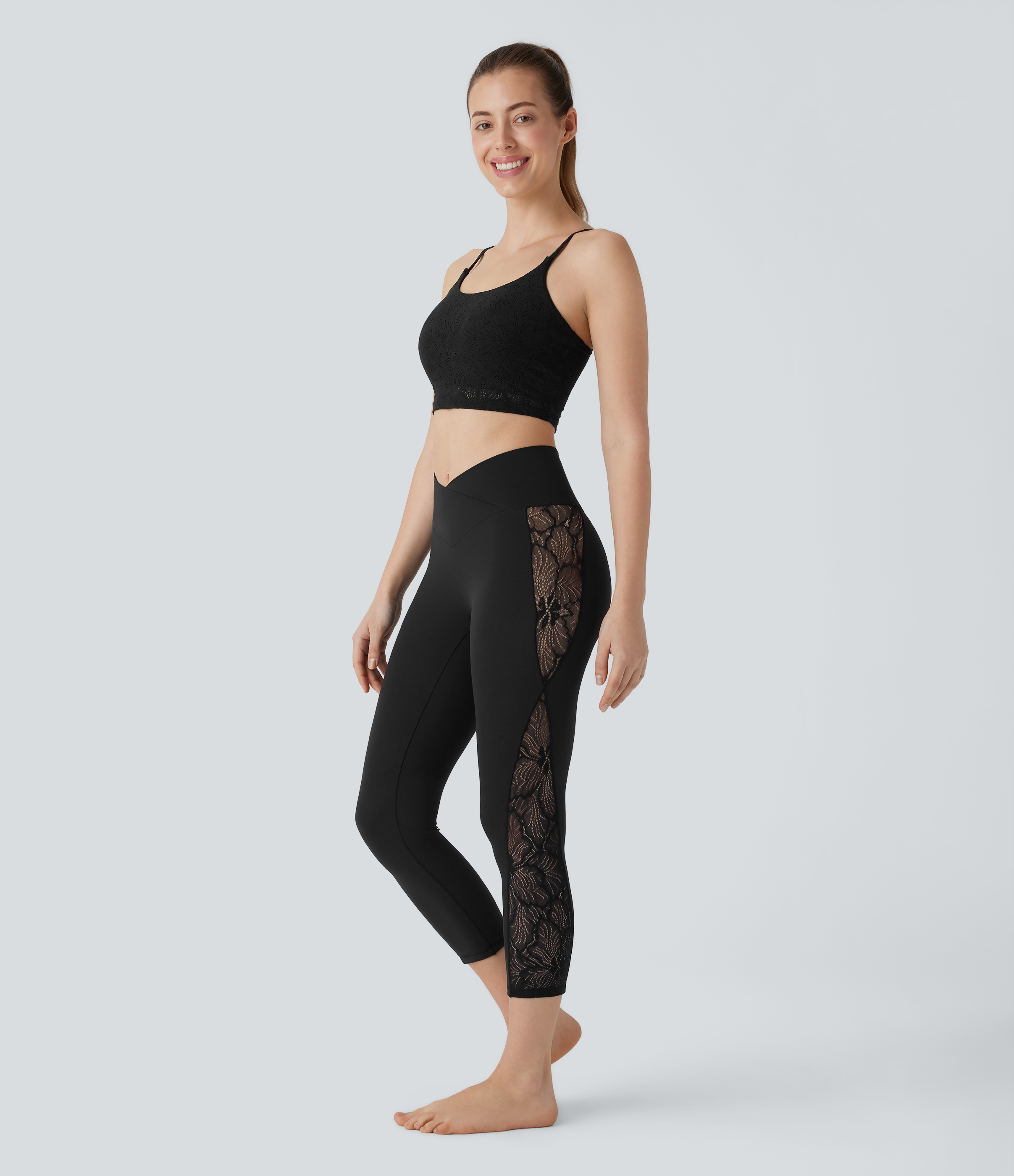 Halara Softlyzeroв„ў High Waisted Crossover Contrast Lace Capri Yoga Leggings-UPF50+  - Black - M gym leggings leggings with pockets 