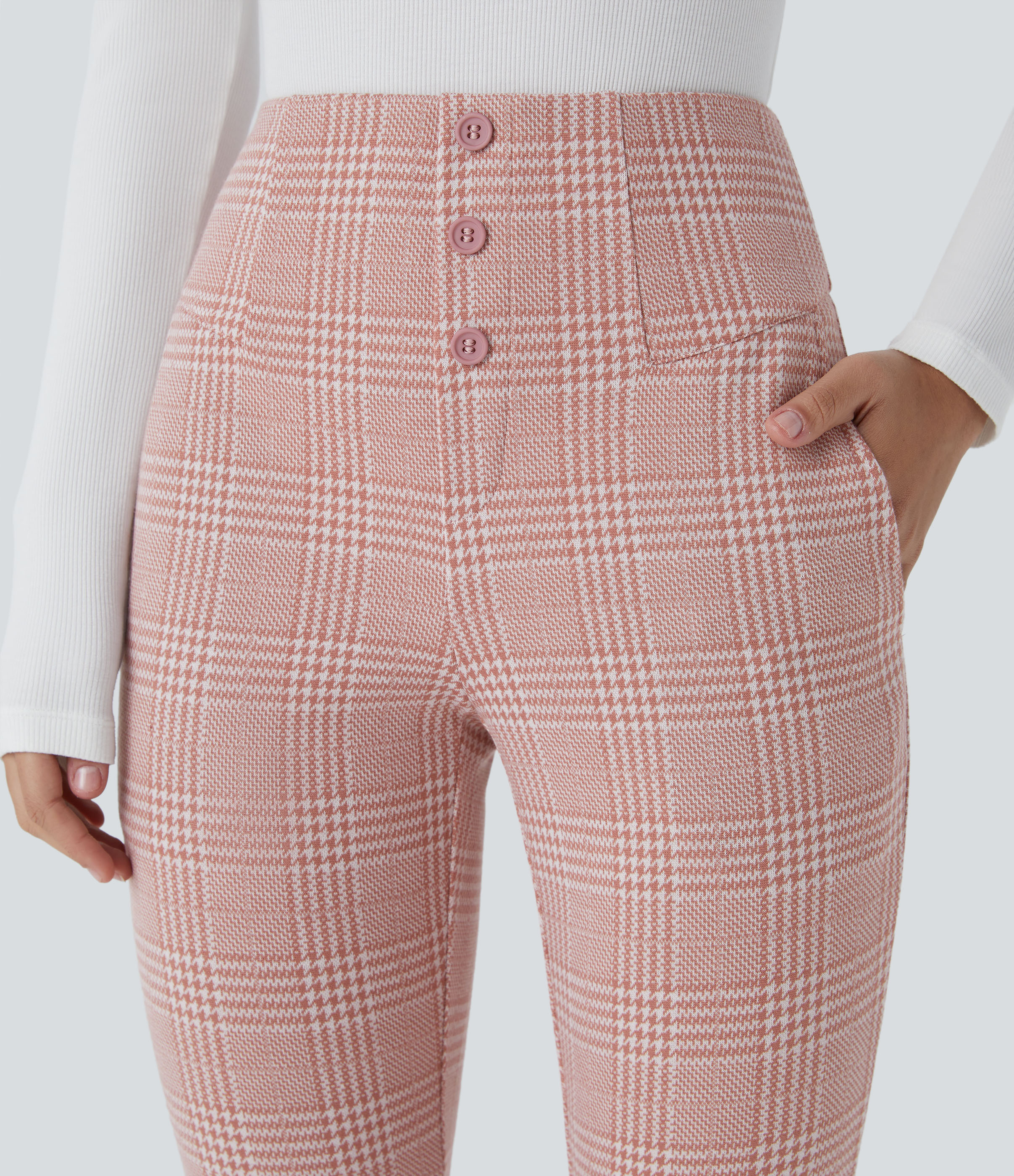 Halara Halara Flexв„ў High Waisted Decorative Button Side Pocket Houndstooth Plaid Skinny Work Pants  - Bean Paste Houndstooth Plaid - L(regular) 