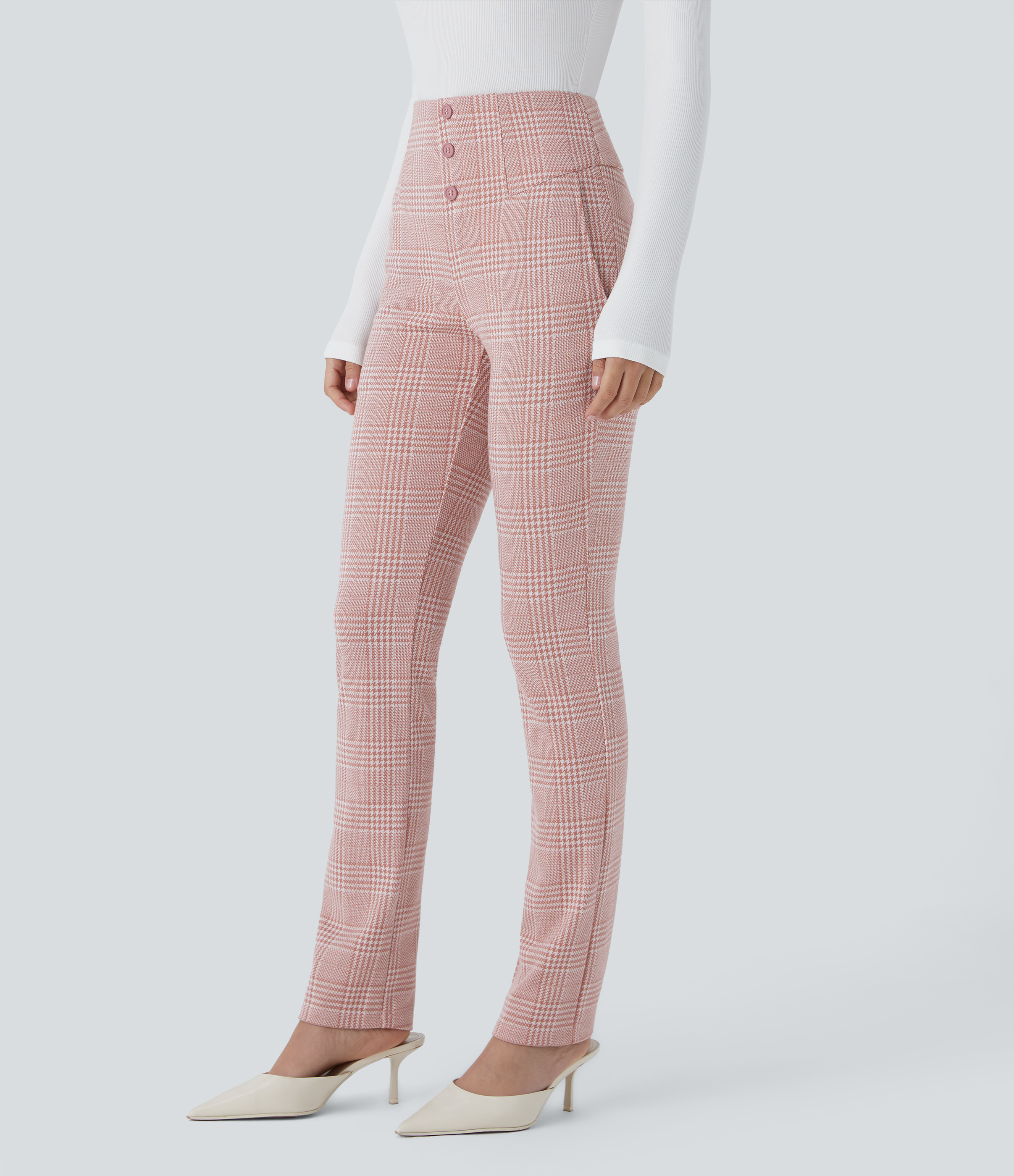 Halara Halara Flexв„ў High Waisted Decorative Button Side Pocket Houndstooth Plaid Skinny Work Pants  - Bean Paste Houndstooth Plaid - L(regular) 