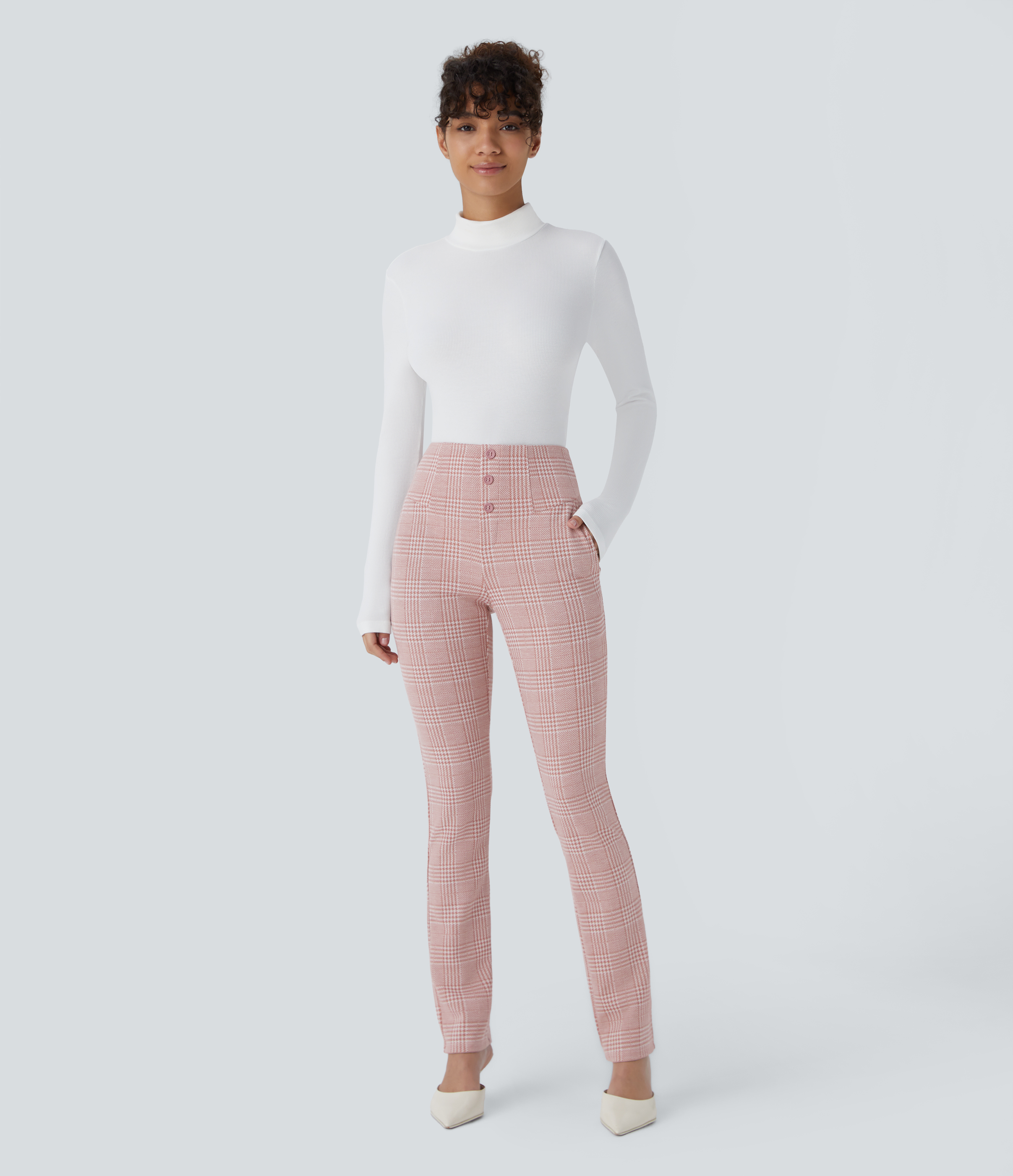 Halara Halara Flexв„ў High Waisted Decorative Button Side Pocket Houndstooth Plaid Skinny Work Pants  - Bean Paste Houndstooth Plaid - L(regular) 
