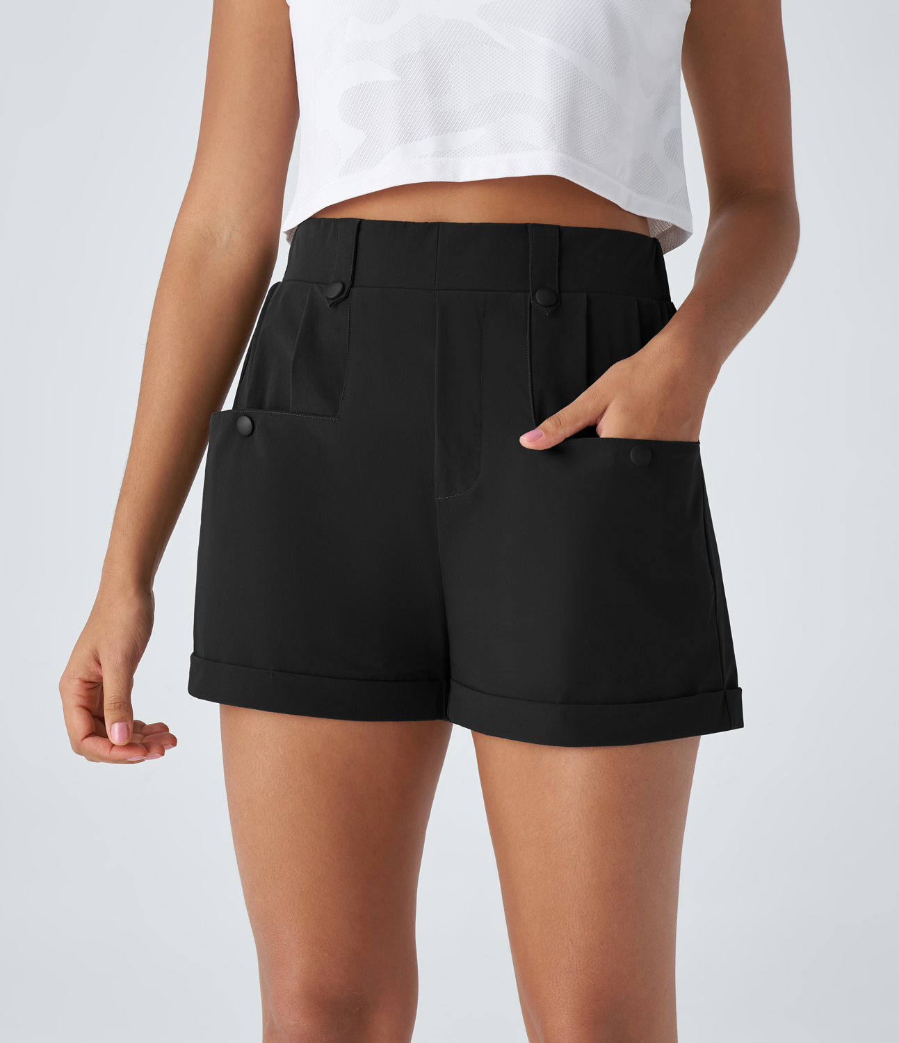 Halara Waterproof High Waisted Pleated Multiple Pockets Rolled Hem Hiking Shorts - Black - L