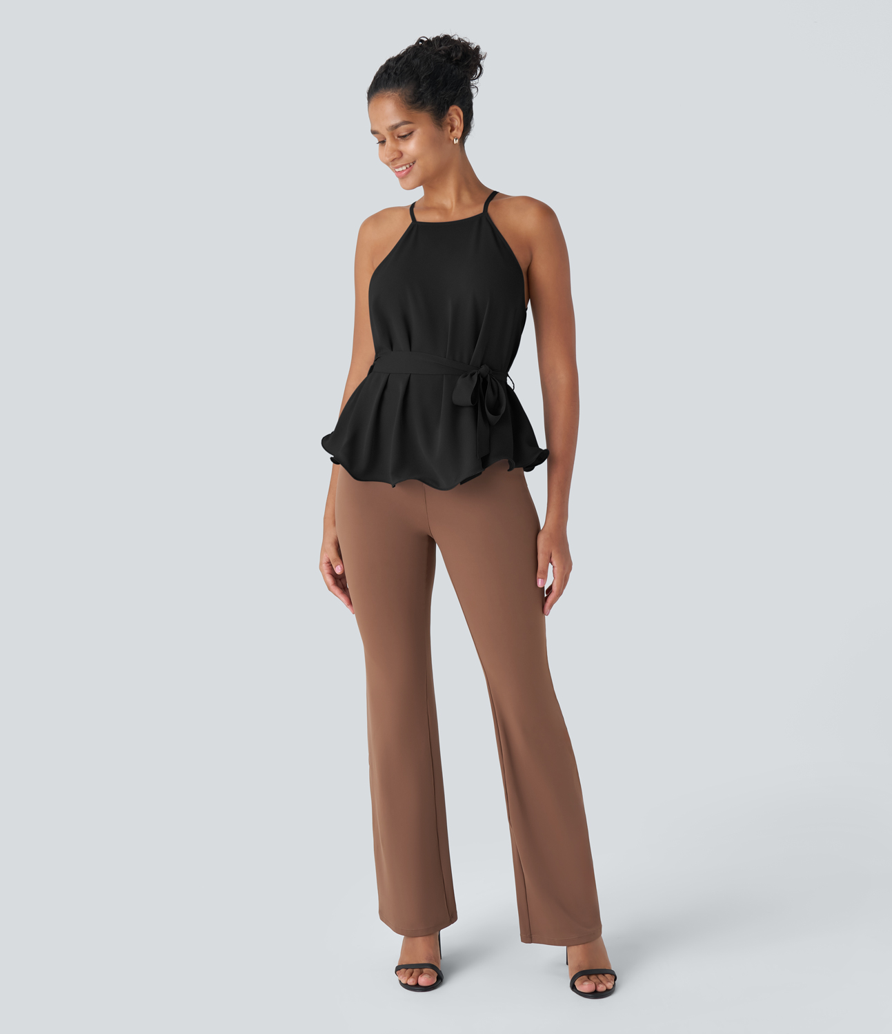 Halara Belted Tie Ruffle Hem Work Cami Top Tank Top - Black - XS golf tops halter top tunic tops sleeveless tops backless top 