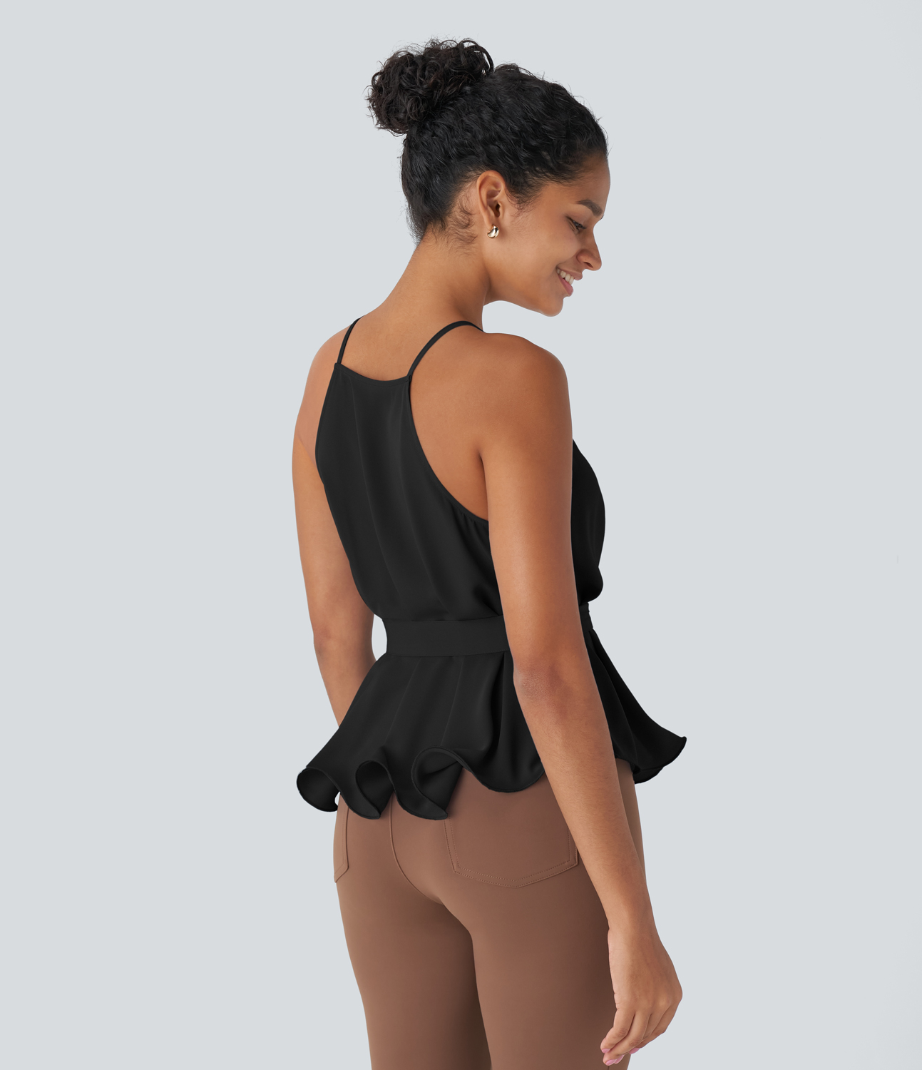 Halara Belted Tie Ruffle Hem Work Cami Top Tank Top - Black - XS golf tops halter top tunic tops sleeveless tops backless top 
