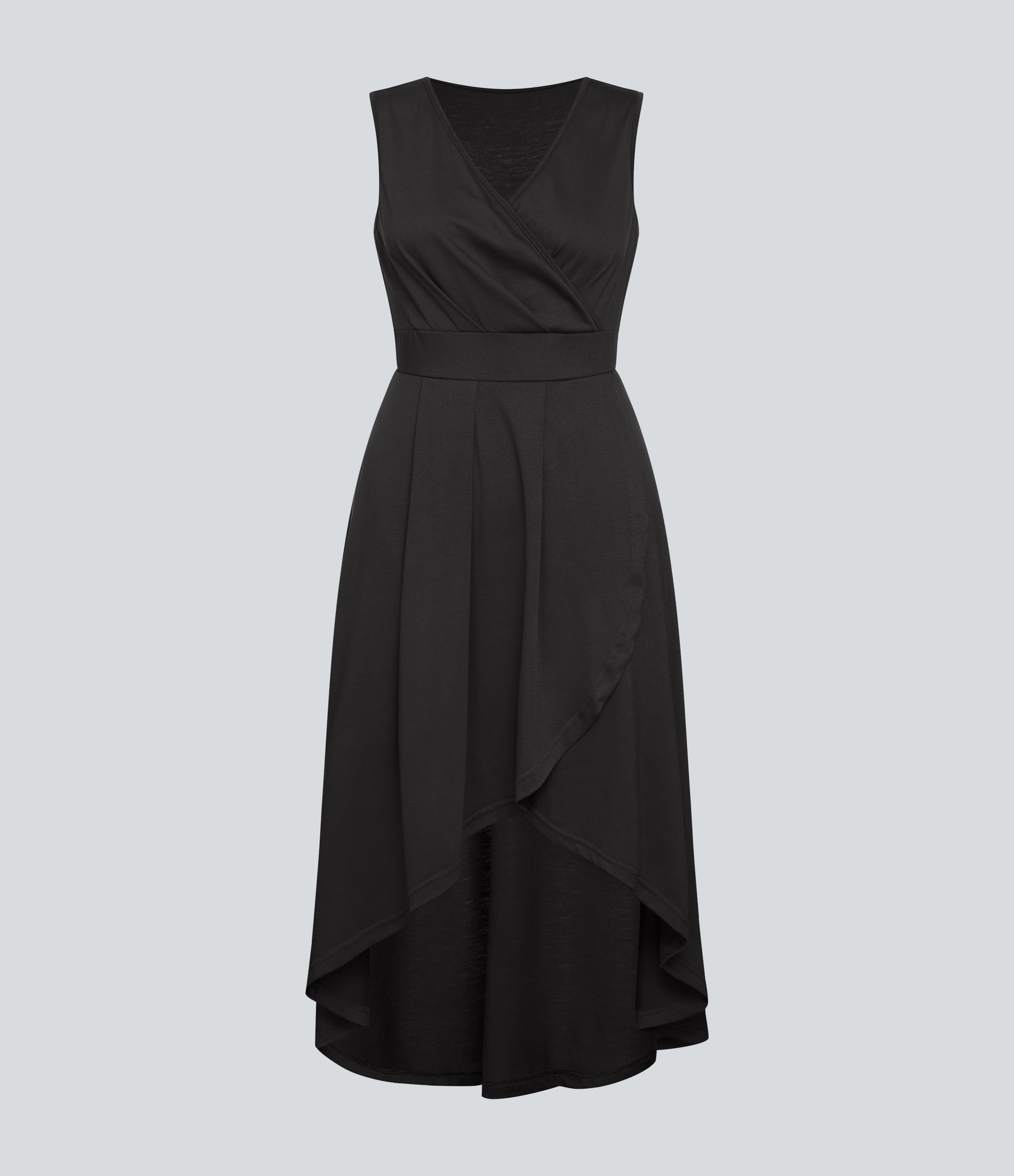 Halara Deep V Neck Sleeveless Plicated High Low Crossover Hem Flowy Midi Casual Dress Casual Dress - Black - XS slip dress beach dress 