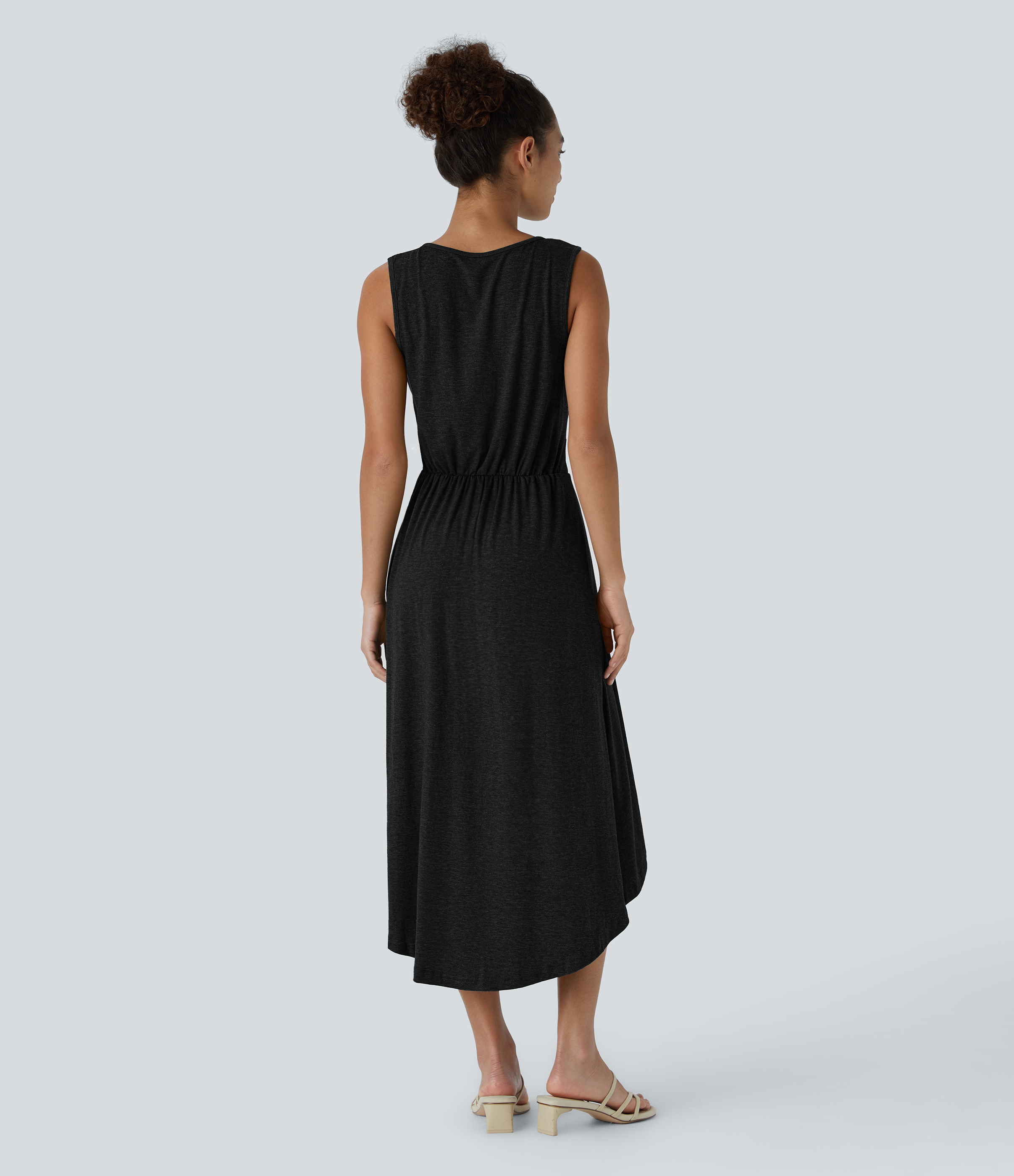 Halara Deep V Neck Sleeveless Plicated High Low Crossover Hem Flowy Midi Casual Dress Casual Dress - Black - XS slip dress beach dress 