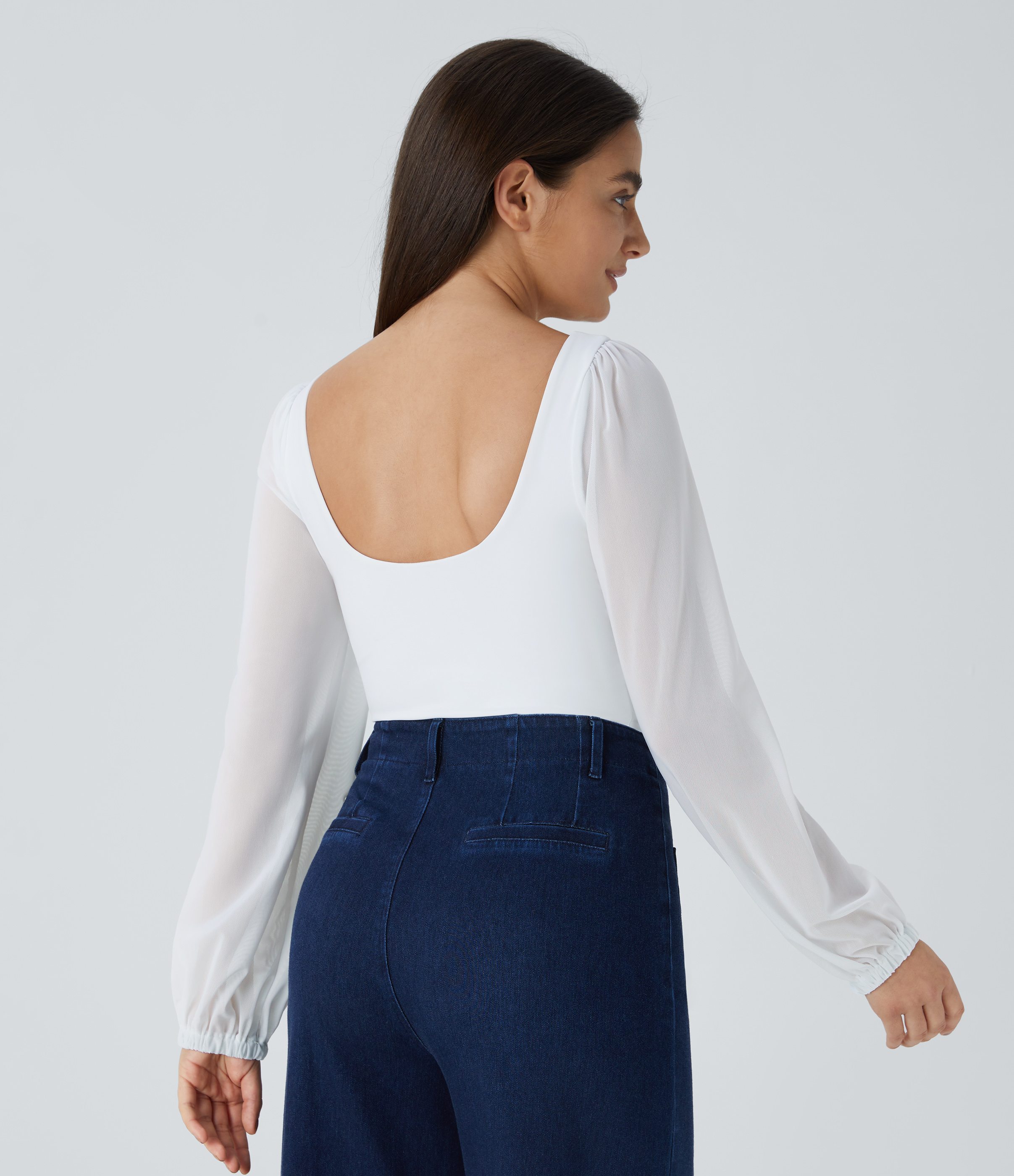 Blanco Body Softlyzero™ Airy tacto frío botón manga obispo malla contrastante cuello corazón sin espalda-UPF50+ / 2