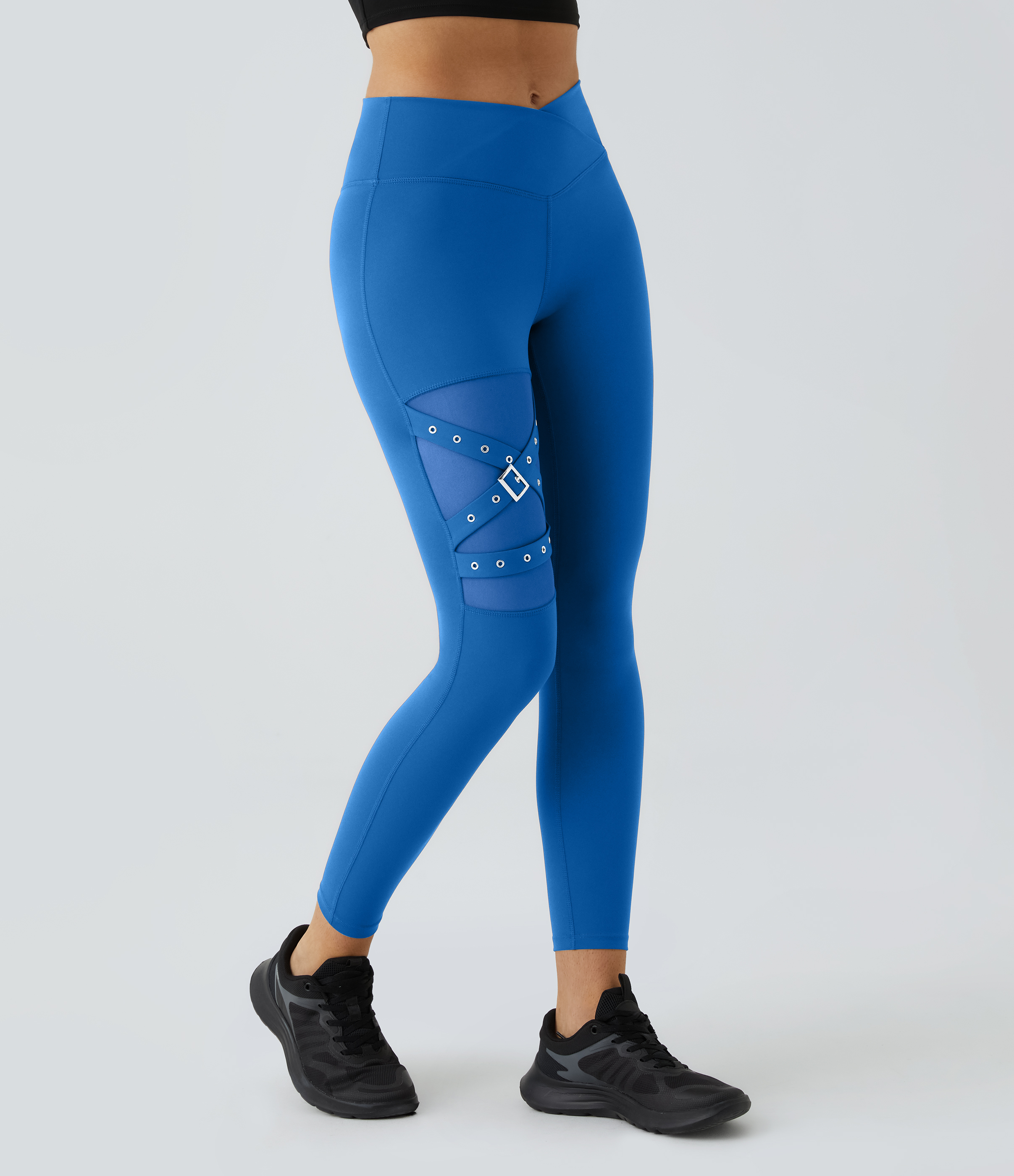 Halara High Waisted Crossover Contrast Mesh Decorative Buckle Yoga Leggings  - Victoria Blue - XS(full_length) gym leggings 