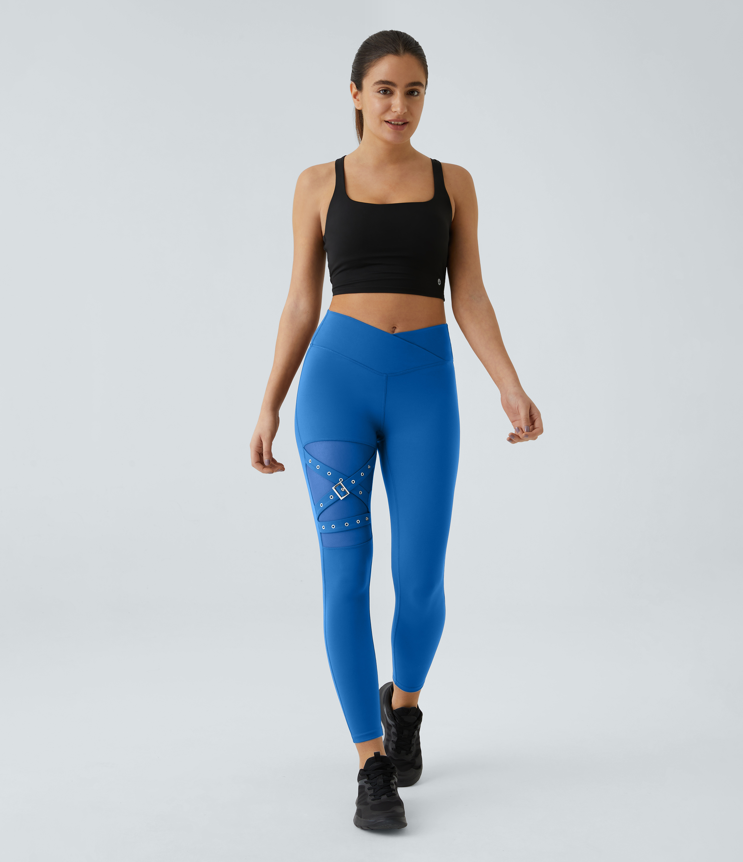 Halara High Waisted Crossover Contrast Mesh Decorative Buckle Yoga Leggings  - Victoria Blue - XS(full_length) gym leggings 