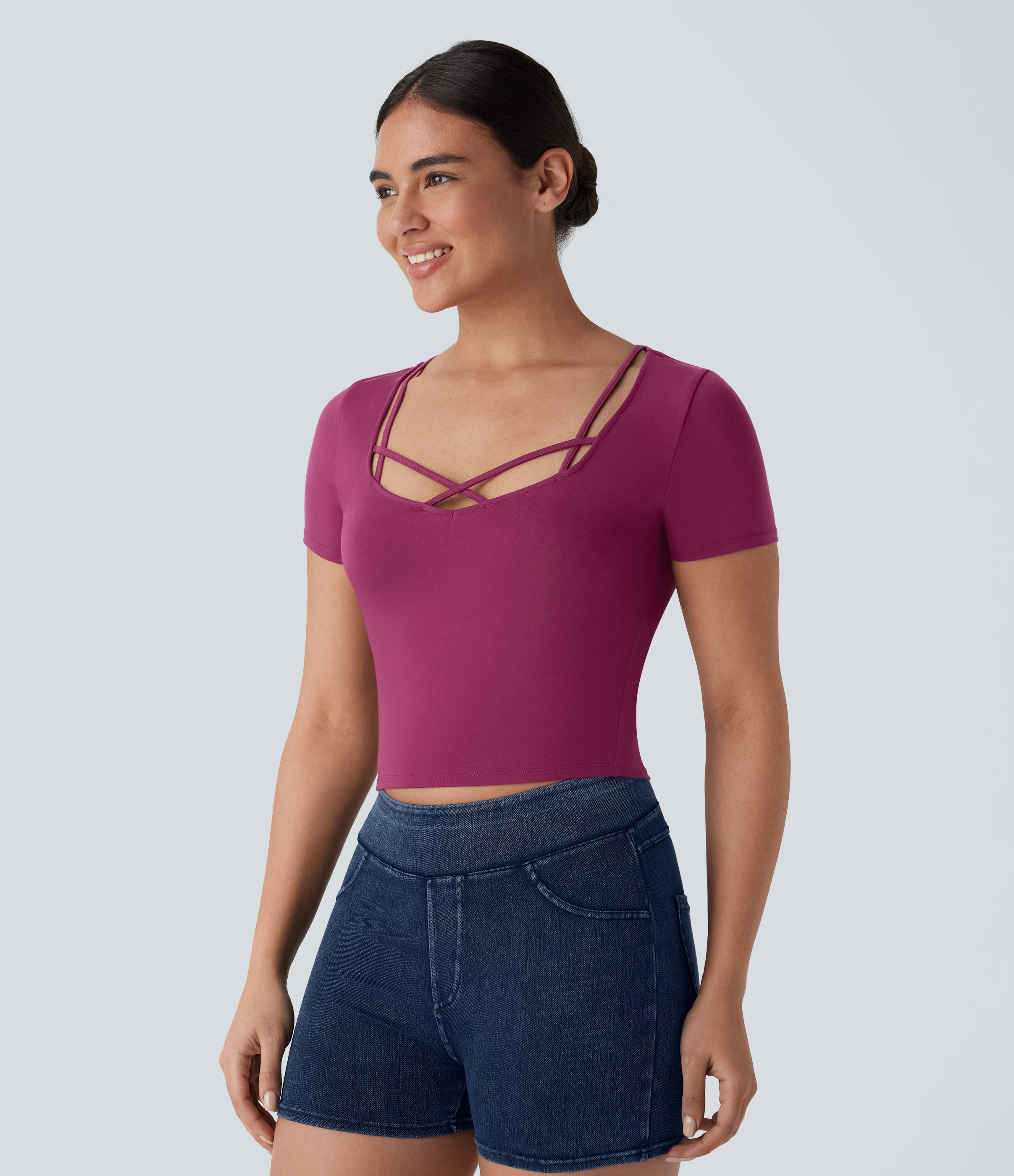 Halara Crisscross Strap Short Sleeve Cropped Casual Top Tank Top - Red Violet - S golf tops halter top tunic tops sleeveless tops 