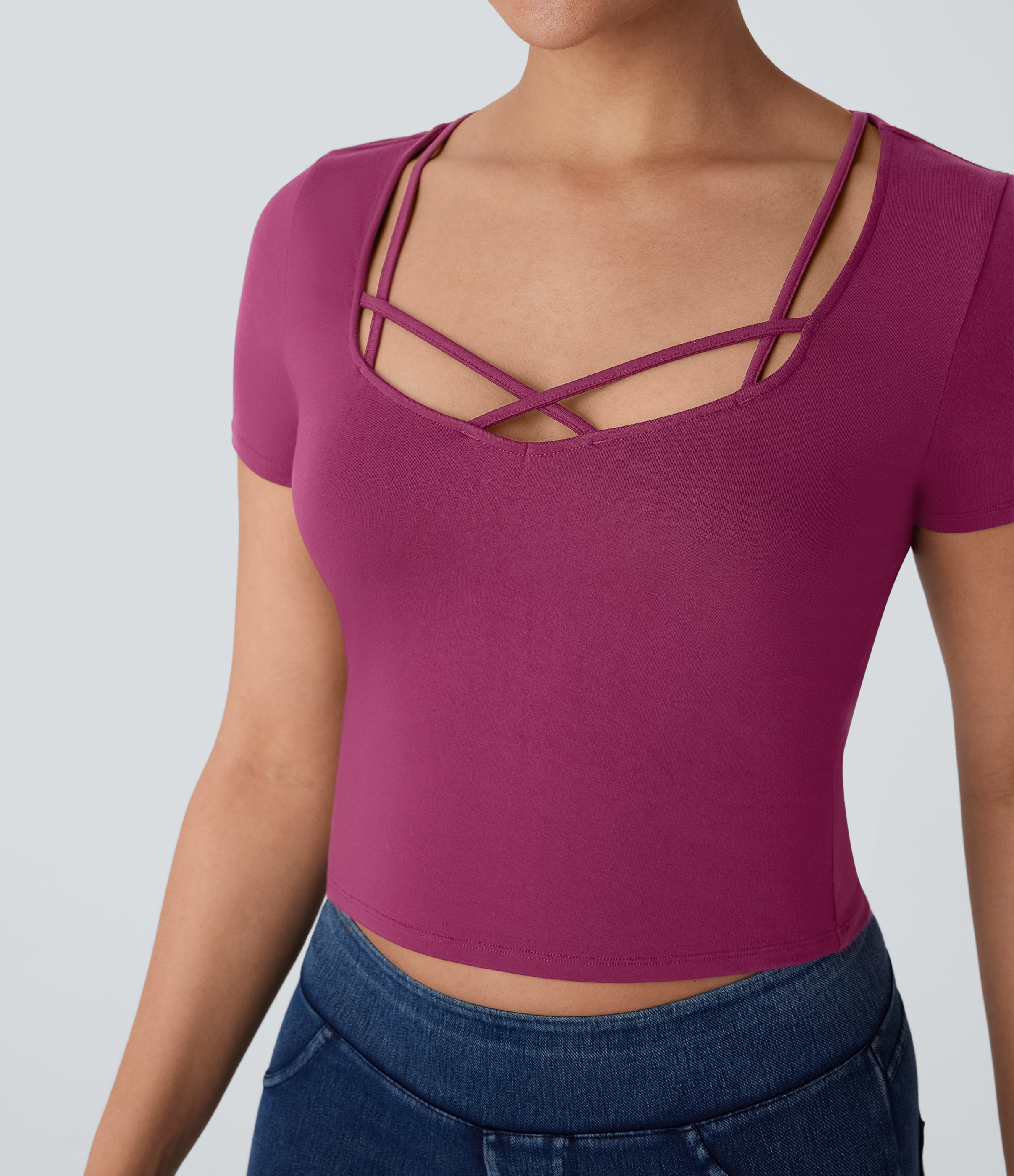 Halara Crisscross Strap Short Sleeve Cropped Casual Top Tank Top - Red Violet - S golf tops halter top tunic tops sleeveless tops 