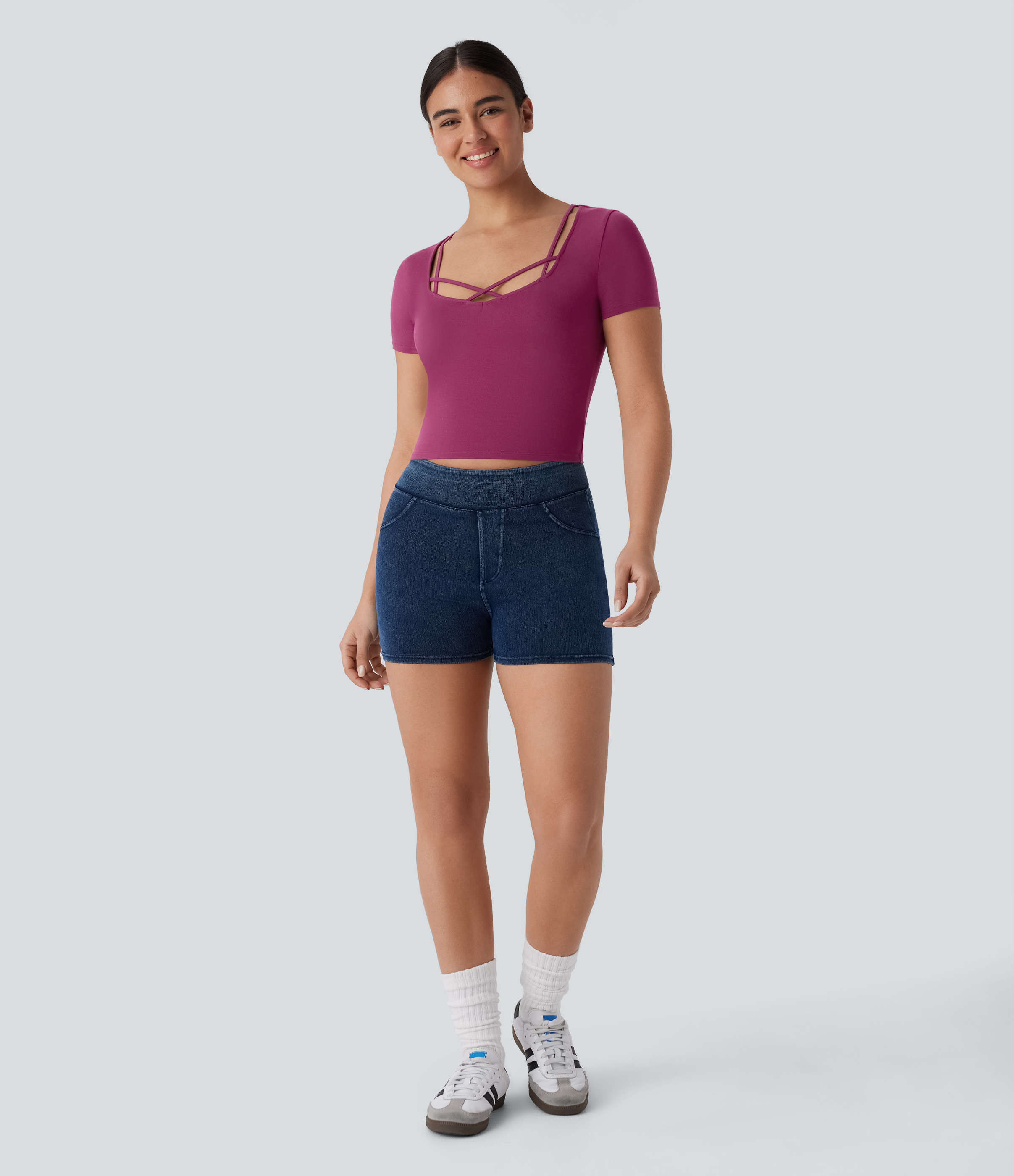 Halara Crisscross Strap Short Sleeve Cropped Casual Top Tank Top - Red Violet - S golf tops halter top tunic tops sleeveless tops 