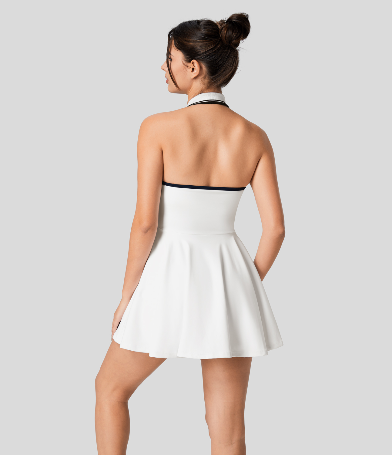 Halara Halter Collared Backless 2-in-1 Color Block Flare Mini Tennis Dress Casual Dress - White - XS slip dress beach dress ruched dress 