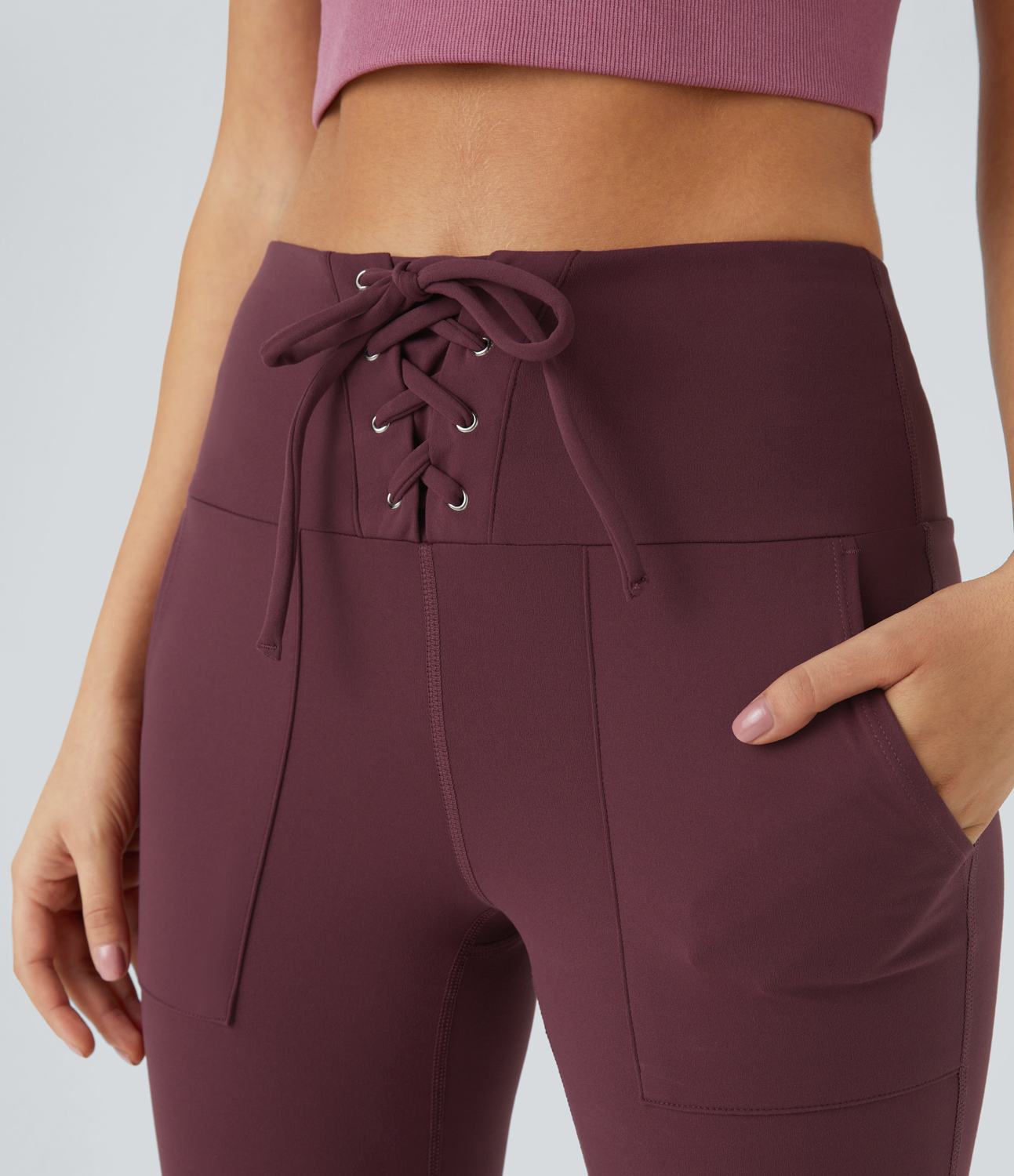 Halara In My Feels Cloudfulв„ў Fabric High Waisted Drawstring Deep Pocket Flare Leggings  - Red Mahogany - XS gym leggings 