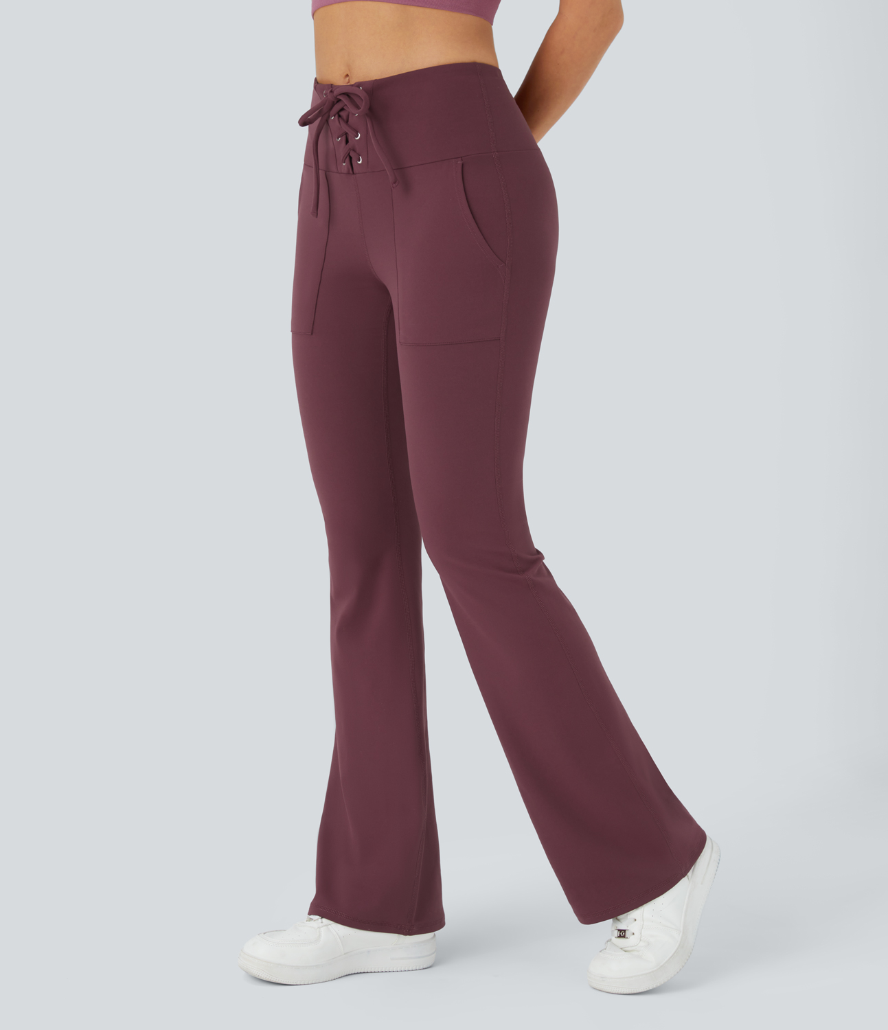 Halara In My Feels Cloudfulв„ў Fabric High Waisted Drawstring Deep Pocket Flare Leggings  - Red Mahogany - XS gym leggings 