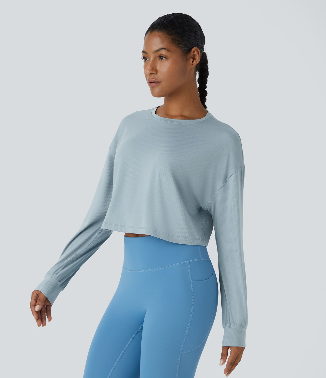 Halara Dropped Shoulder Long Sleeve Cropped Sports Top  - Baby Blue - L 