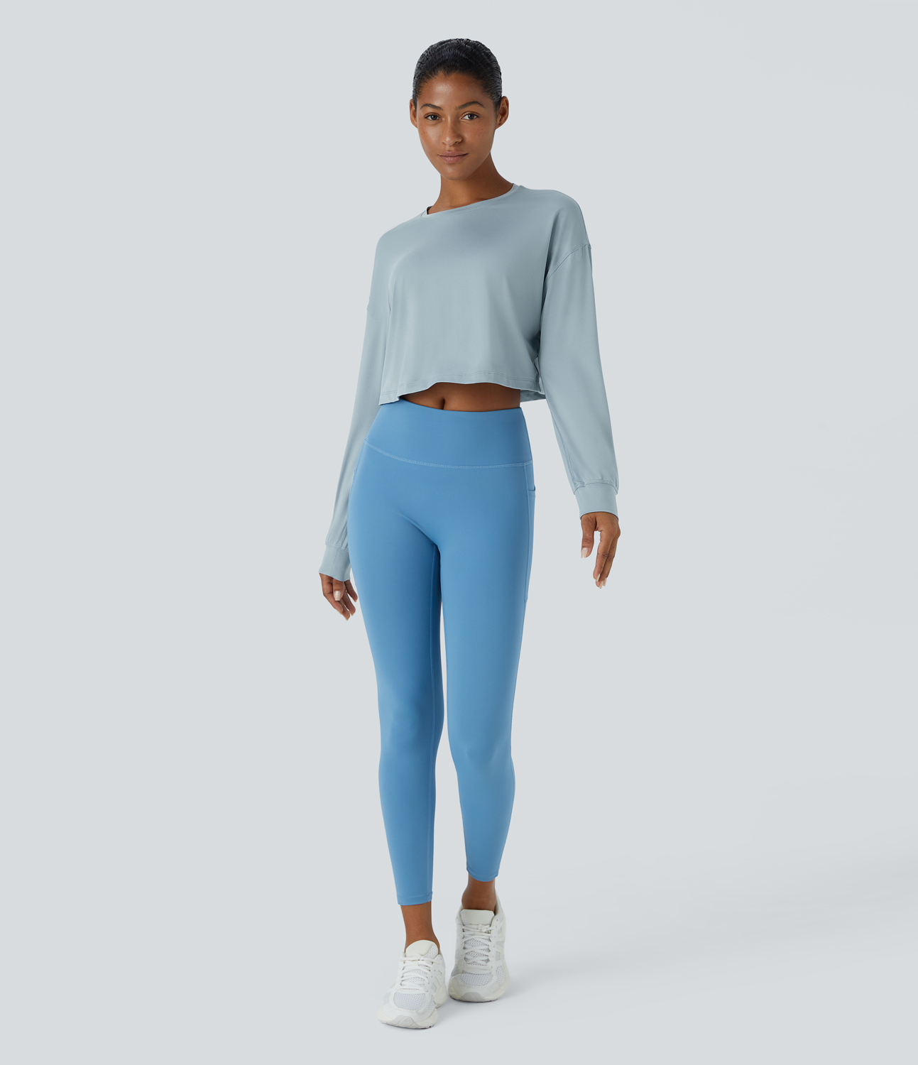 Halara Dropped Shoulder Long Sleeve Cropped Sports Top  - Baby Blue - L 
