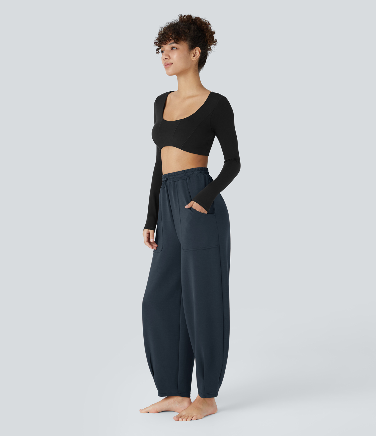 Halara High Waisted Adjustable Drawcord Side Pocket Barrel Leg Pilates Joggers  - Blue Nights - M(regular) 