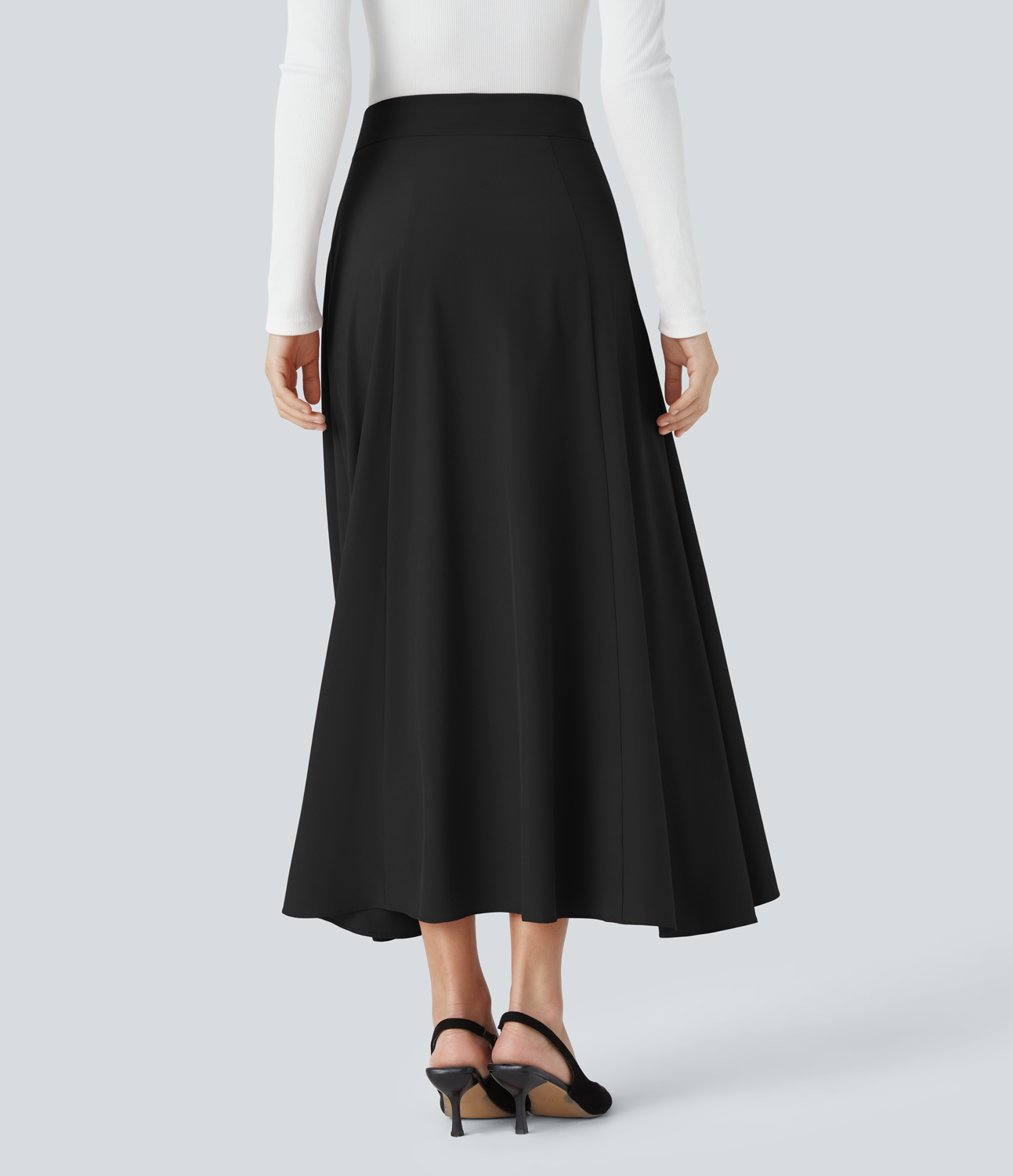 Halara Breezefulв„ў High Waisted Invisible Zipper Asymmetric Flare Hem Midi Quick Dry Work Skirt  - Black - S(regular) 
