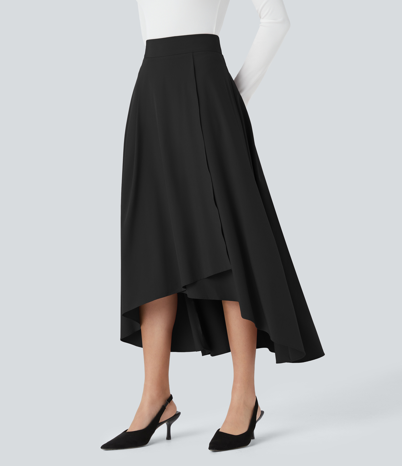 Halara Breezefulв„ў High Waisted Invisible Zipper Asymmetric Flare Hem Midi Quick Dry Work Skirt  - Black - S(regular) 