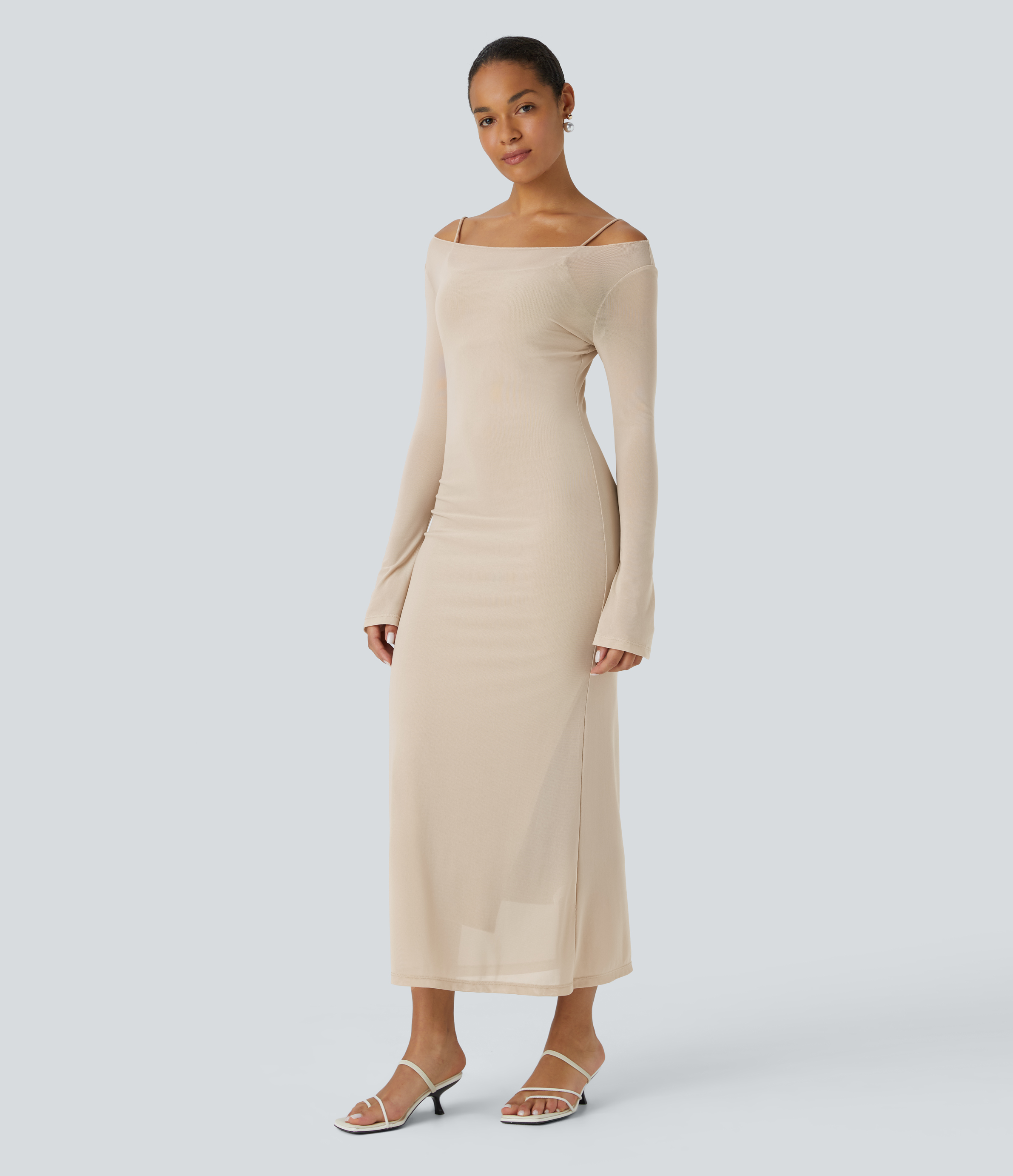 Halara Sheer Pagoda Sleeve Split Bodycon 2-Piece Maxi Party Dress Casual Dress - Frosted Almond - L slip dress beach dress ruched dress 
