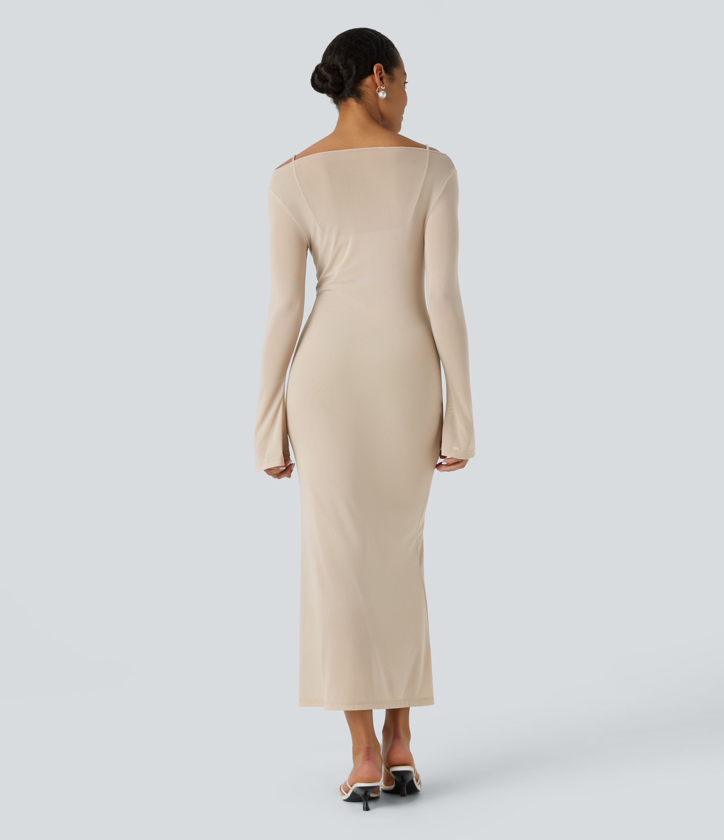 Halara Sheer Pagoda Sleeve Split Bodycon 2-Piece Maxi Party Dress Casual Dress - Frosted Almond - L slip dress beach dress ruched dress 