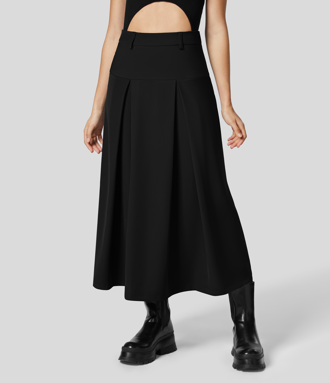 Halara High Waisted Side Zipper Solid Pleated Casual Skirt  - Black - M 