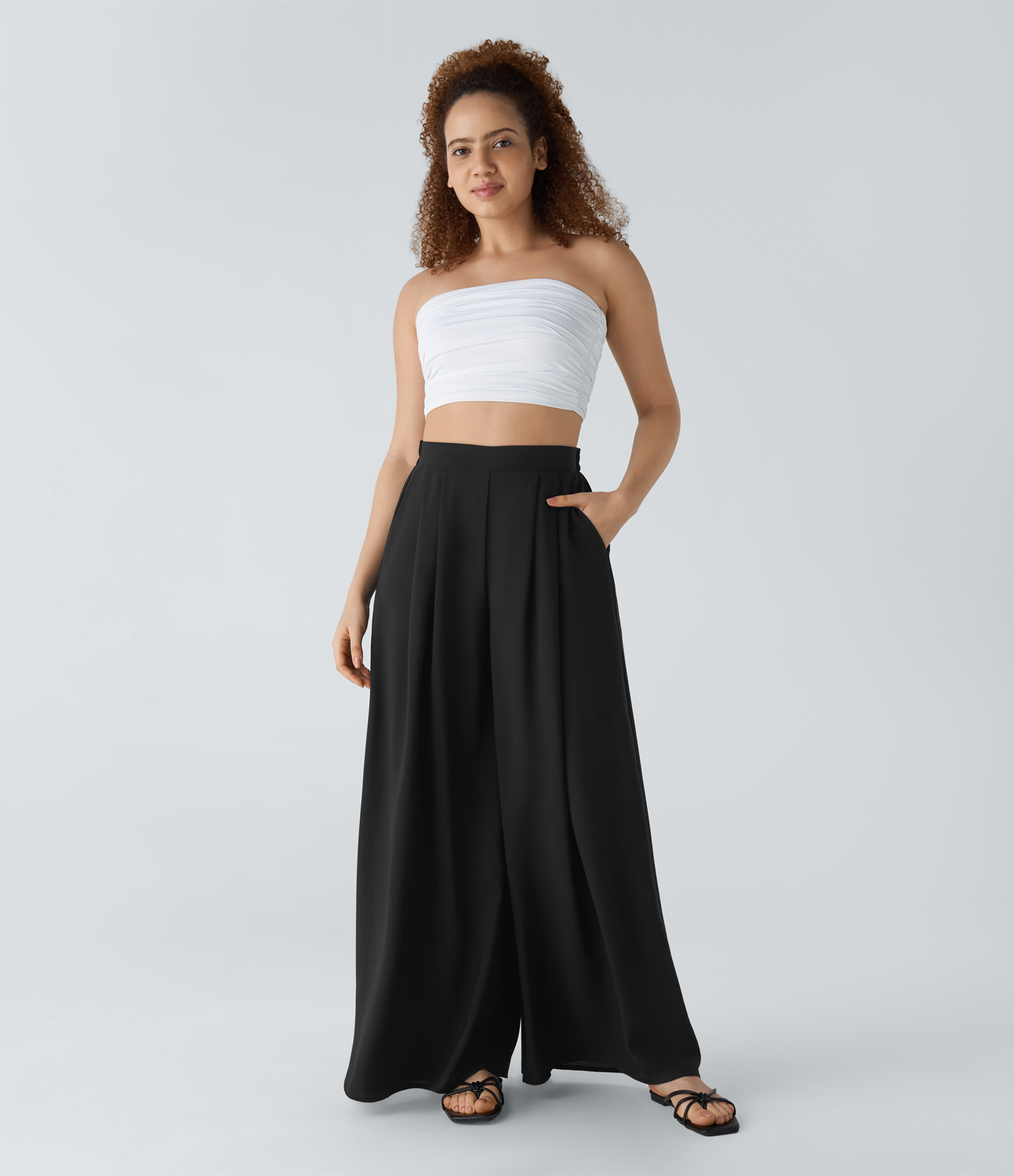 Halara High Waisted Tie Side Pocket 2-in-1 Wide Leg Casual Pants  - Black - L(regular) sweatpants jogger pants stacked sweatpants 