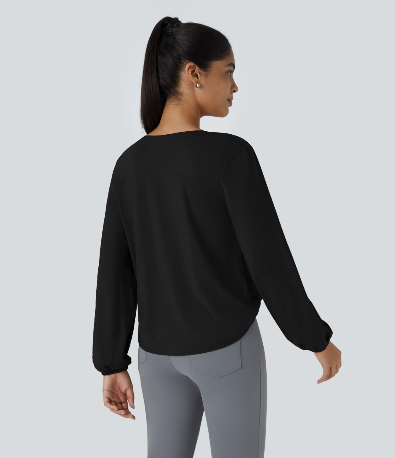 Halara V Neck Invisible Snap Button Long Sleeve Wrapped Work Top Tank Top - Black - XS golf tops halter top tunic tops sleeveless tops 