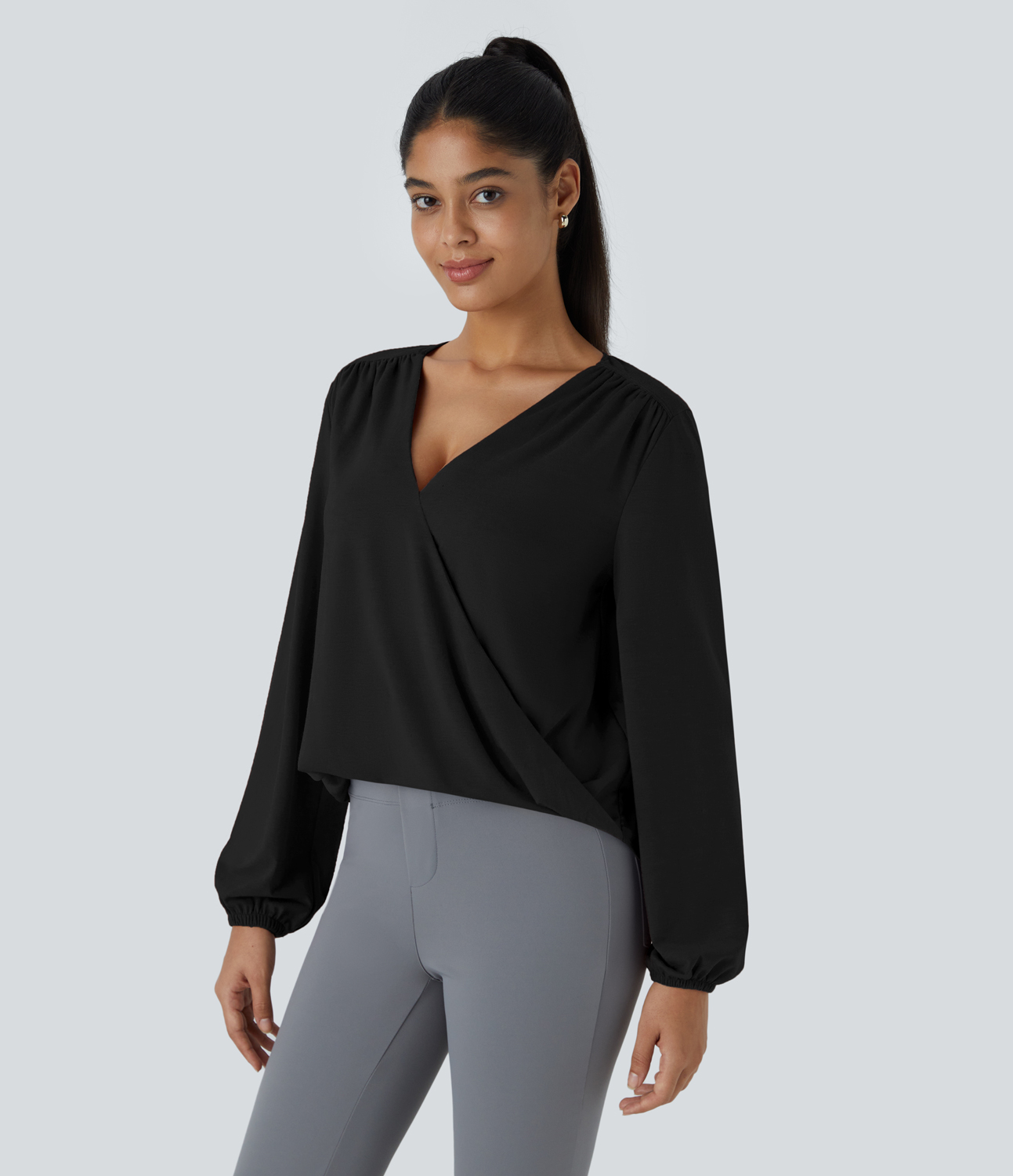 Halara V Neck Invisible Snap Button Long Sleeve Wrapped Work Top Tank Top - Black - XS golf tops halter top tunic tops sleeveless tops 