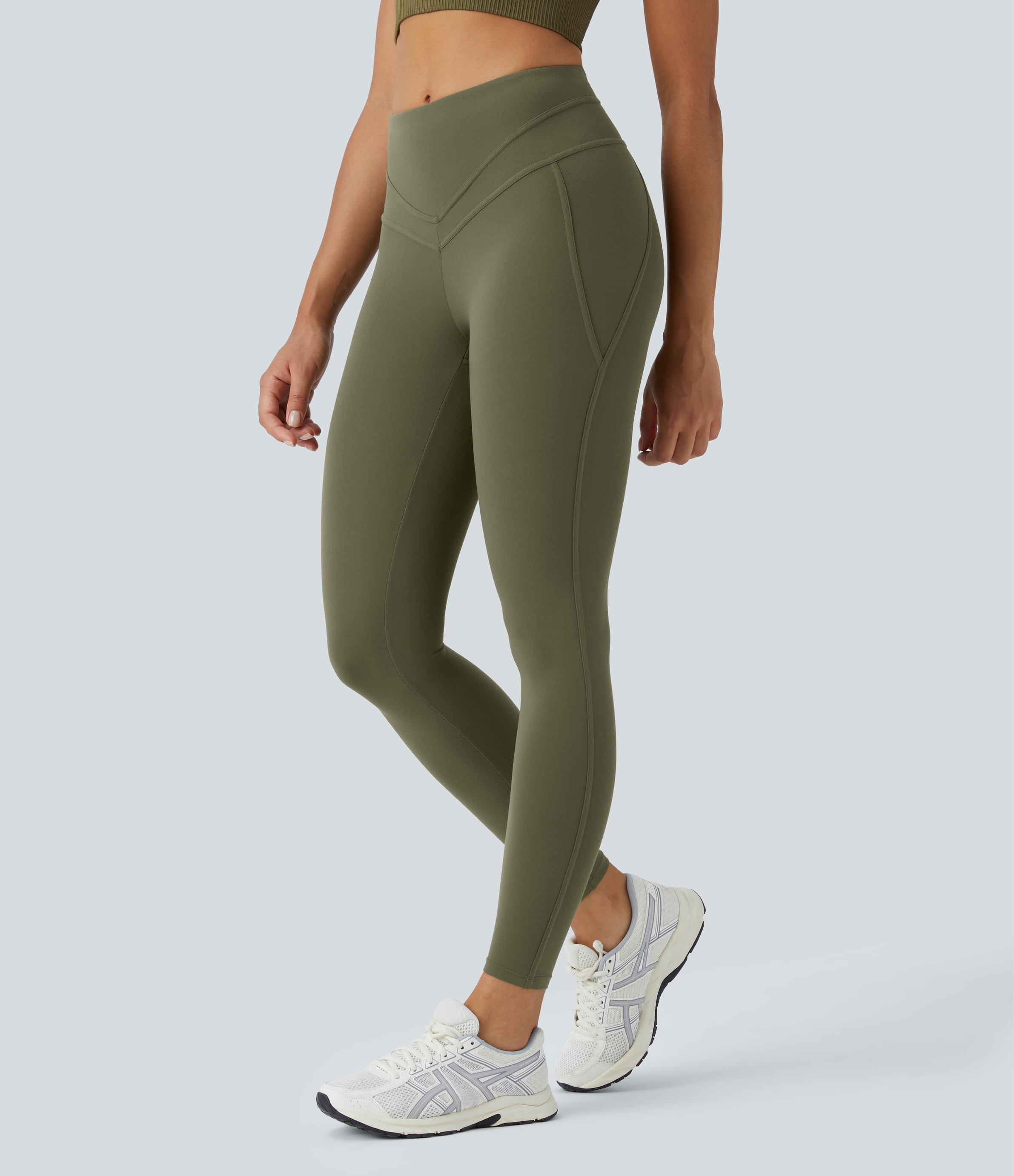 Halara Softlyzeroв„ў High Waisted V Shaped Waistband Plain Yoga 7/8 Leggings  - Grass Grey Green - S gym leggings leggings with pockets 