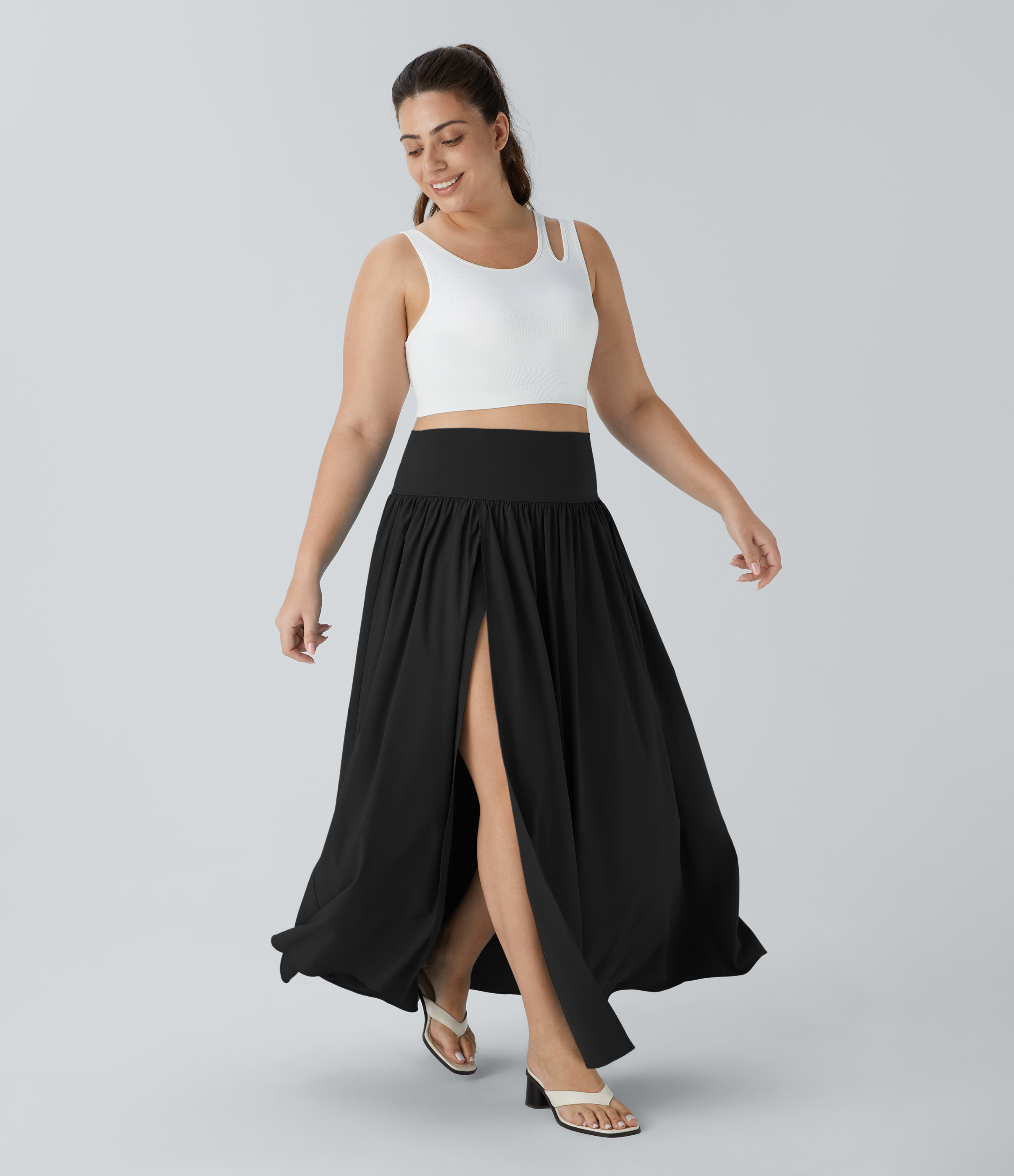 Halara Breezefulв„ў High Waisted Plicated Split 2-in-1 Flowy Quick Dry Maxi Casual Plus Size Skirt  - Black - 3X(regular) 