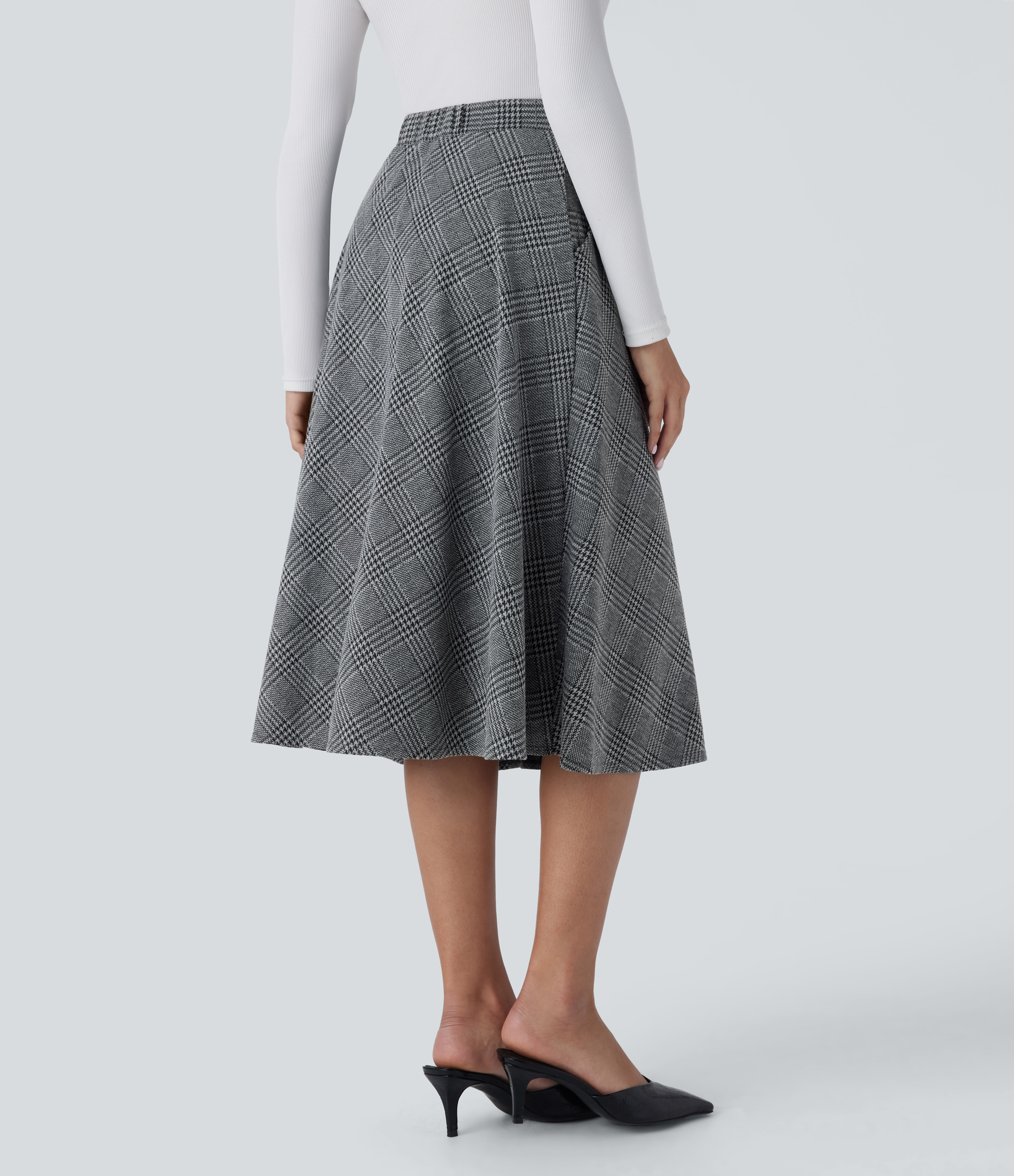 Dark Gray Plaid Casual midi skirt with a flared silhouette, houndstooth pattern, and side pocket / 2