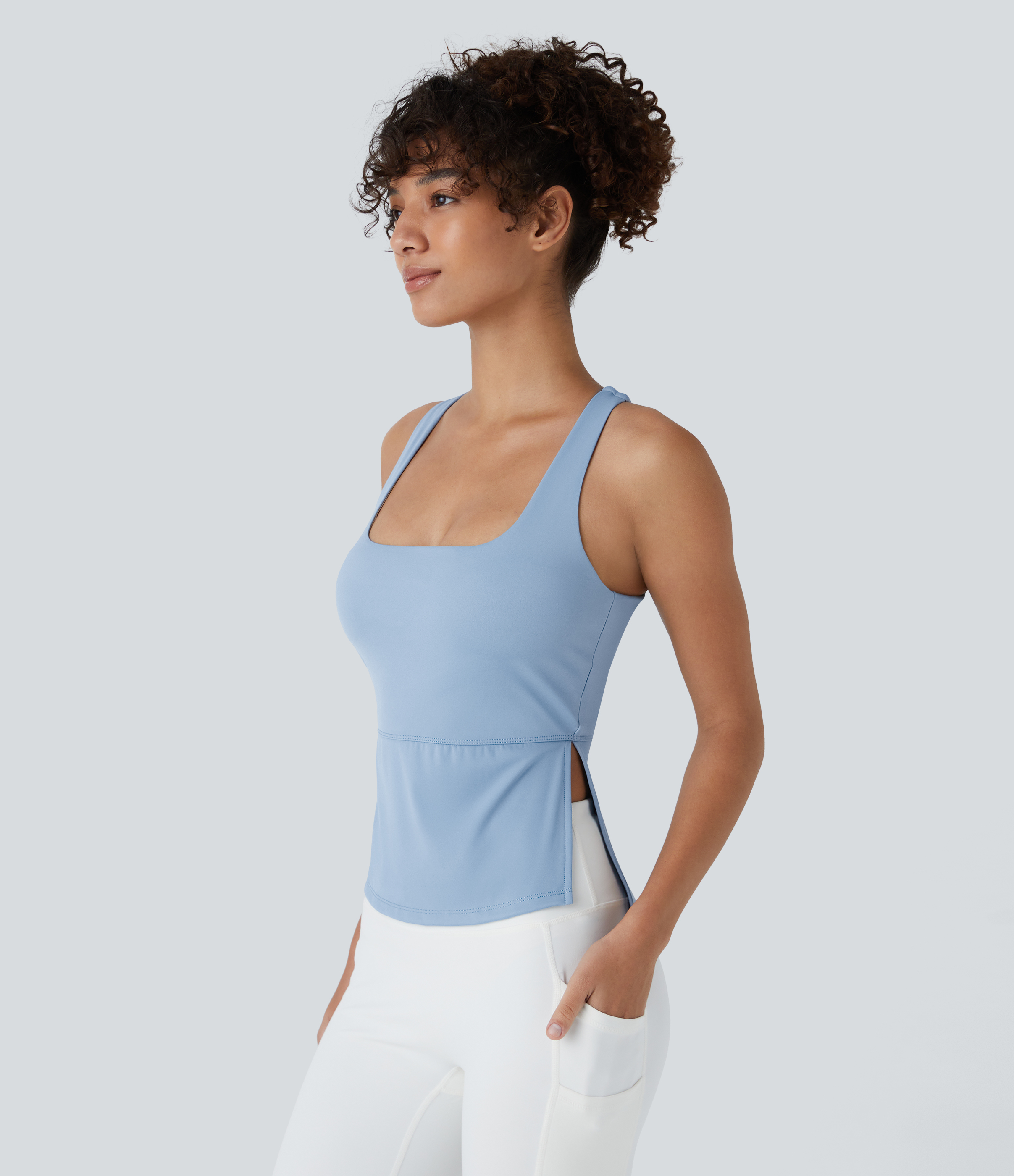 Halara Softlyzeroв„ў Airy Square Neck Backless Cut Out Crisscross Twisted Back High Low Split Hem Cool Touch Yoga Tank Top Tank Top - Bel Air Blue - S 