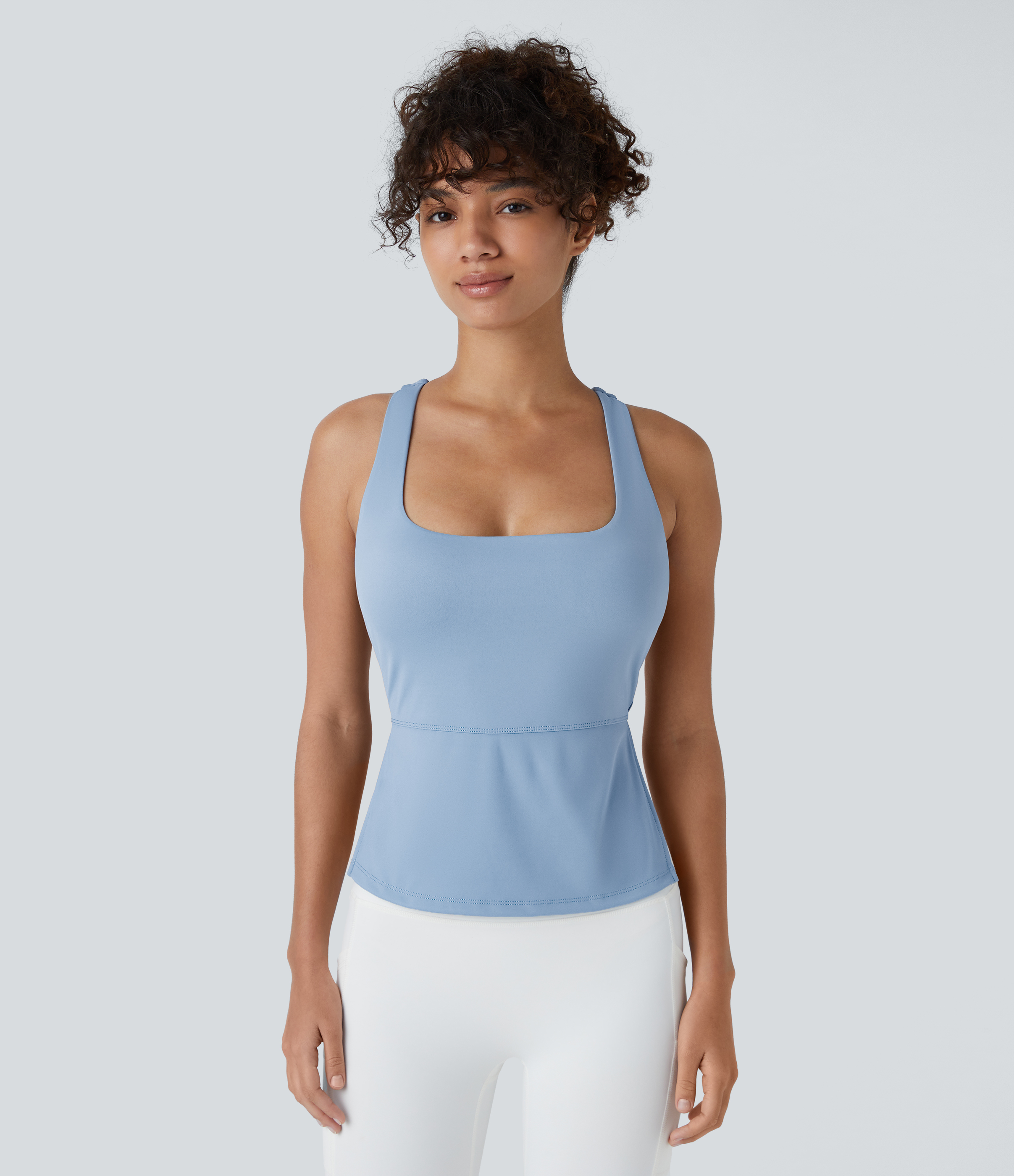 Halara Softlyzeroв„ў Airy Square Neck Backless Cut Out Crisscross Twisted Back High Low Split Hem Cool Touch Yoga Tank Top Tank Top - Bel Air Blue - S 