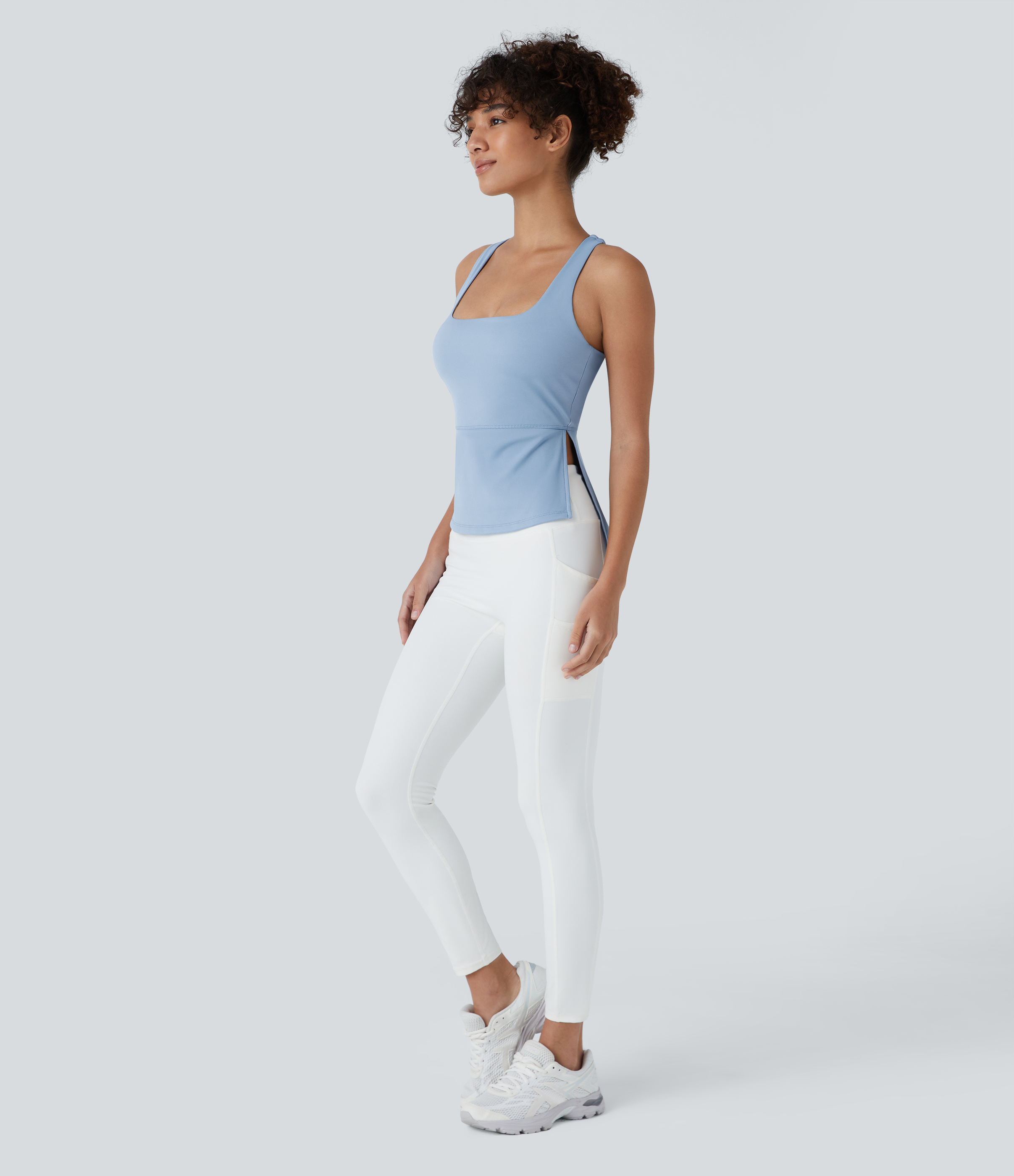 Halara Softlyzeroв„ў Airy Square Neck Backless Cut Out Crisscross Twisted Back High Low Split Hem Cool Touch Yoga Tank Top Tank Top - Bel Air Blue - S 