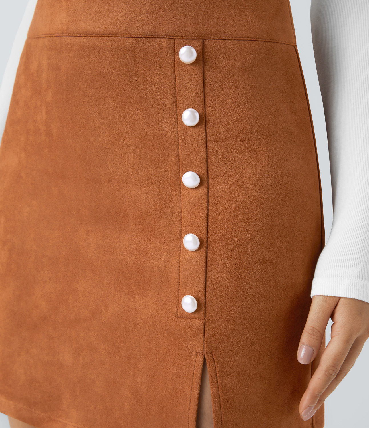 Halara High Waisted Decorative Button Zipper Split Suede Mini Casual Skirt  - Autumnal - XL(regular) 
