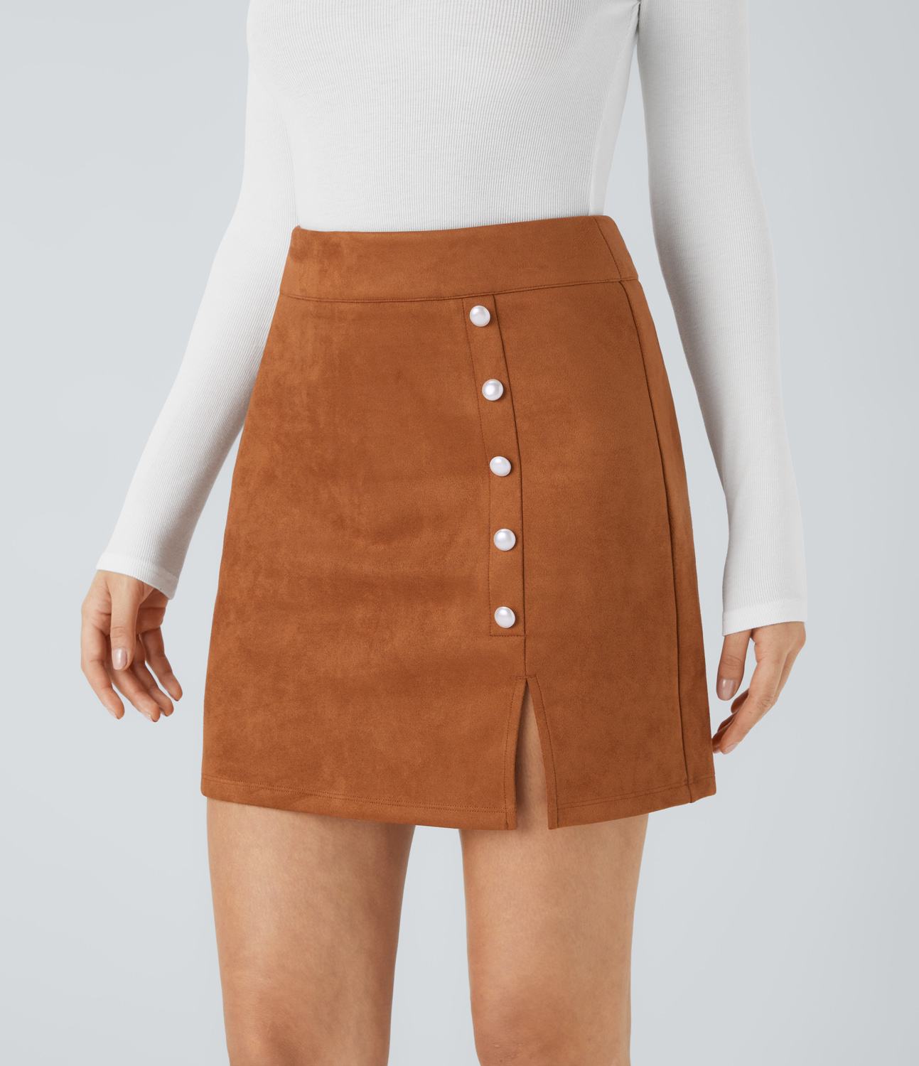 Halara High Waisted Decorative Button Zipper Split Suede Mini Casual Skirt  - Autumnal - XL(regular) 