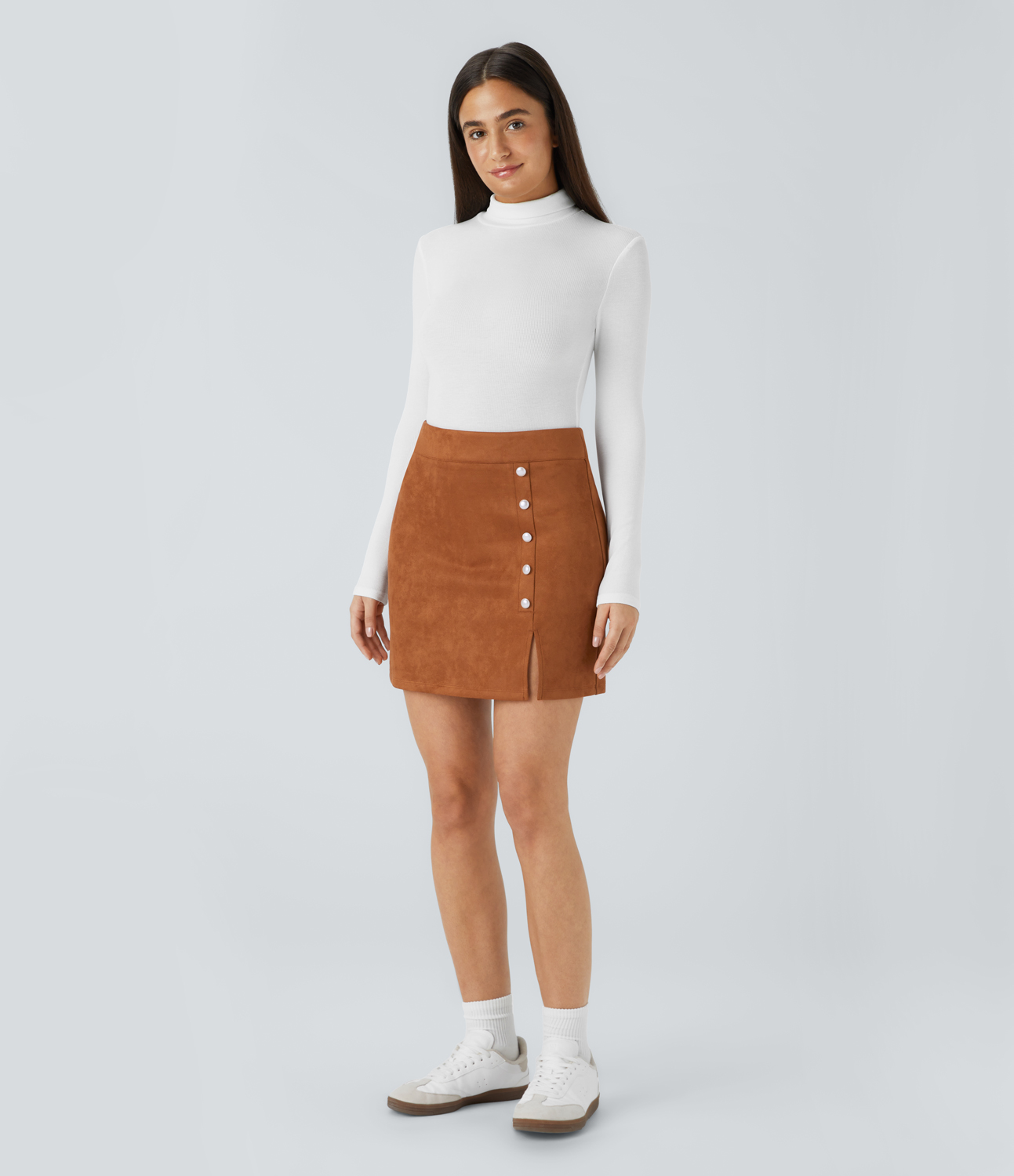 Halara High Waisted Decorative Button Zipper Split Suede Mini Casual Skirt  - Autumnal - XL(regular) 
