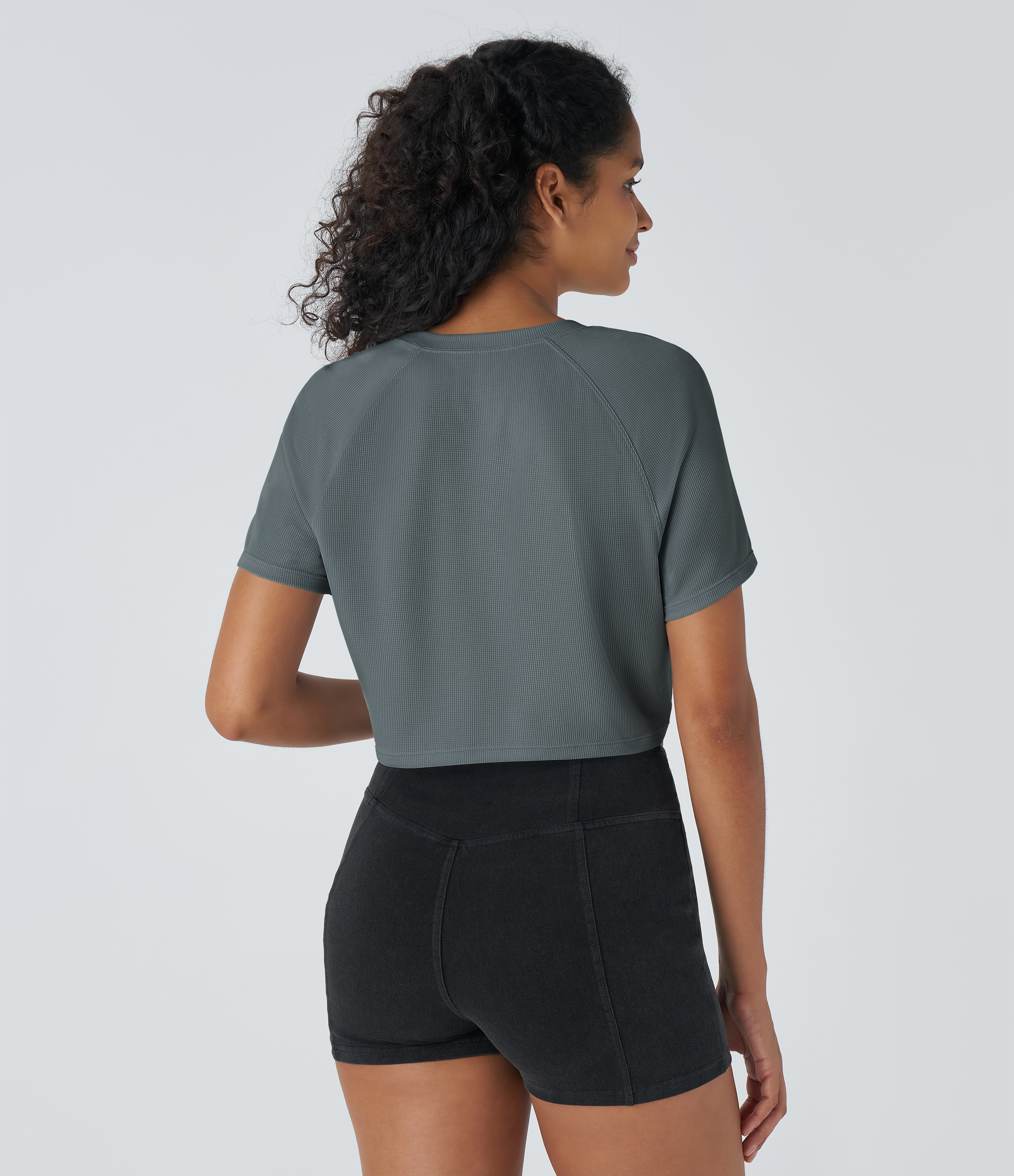 Halara Raglan Sleeve Solid Cropped Waffle Casual Tee  - Hurricane Grey - XS 