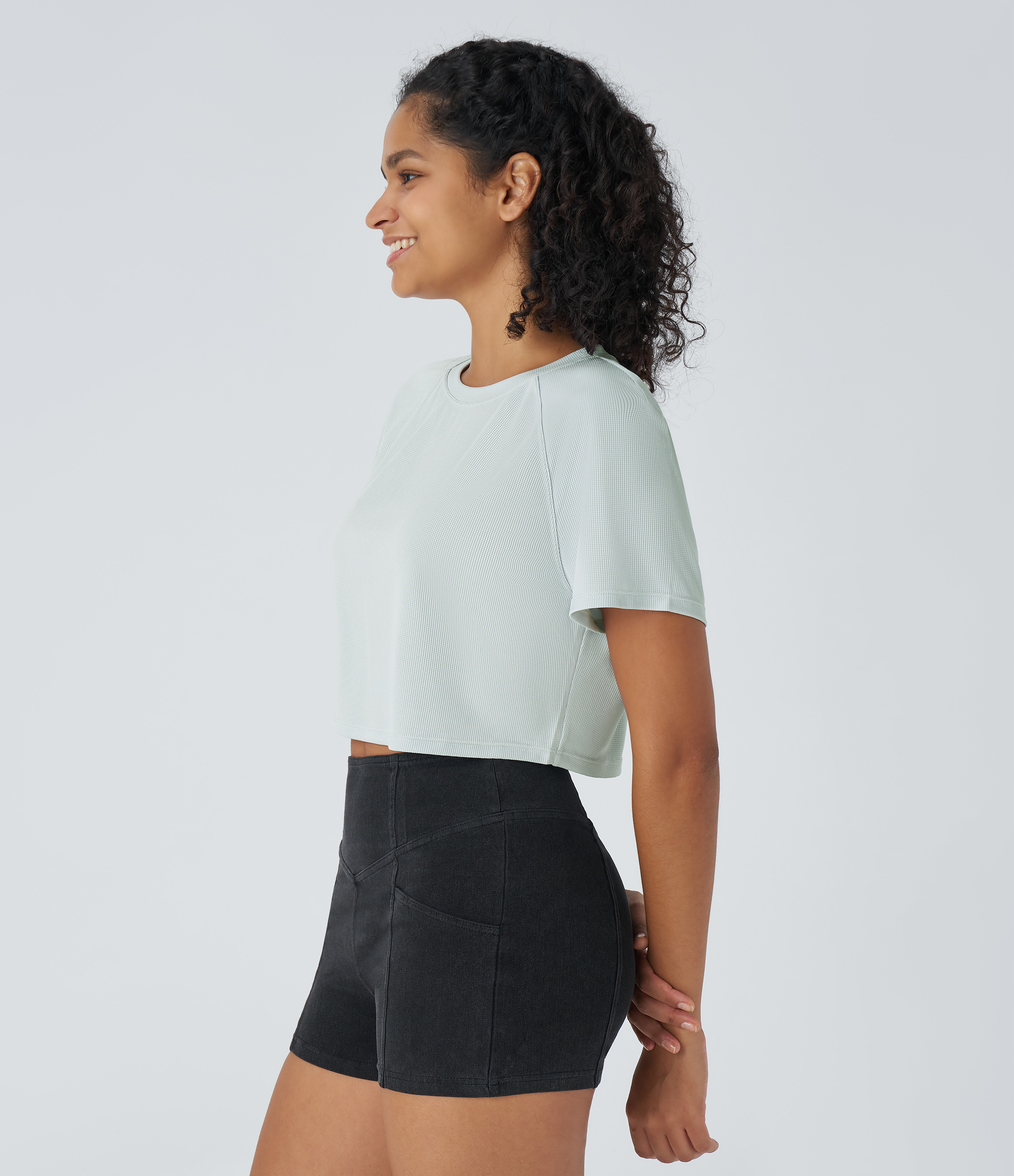 Halara Raglan Sleeve Solid Cropped Waffle Casual Tee  - Frost Clear Haze - M 