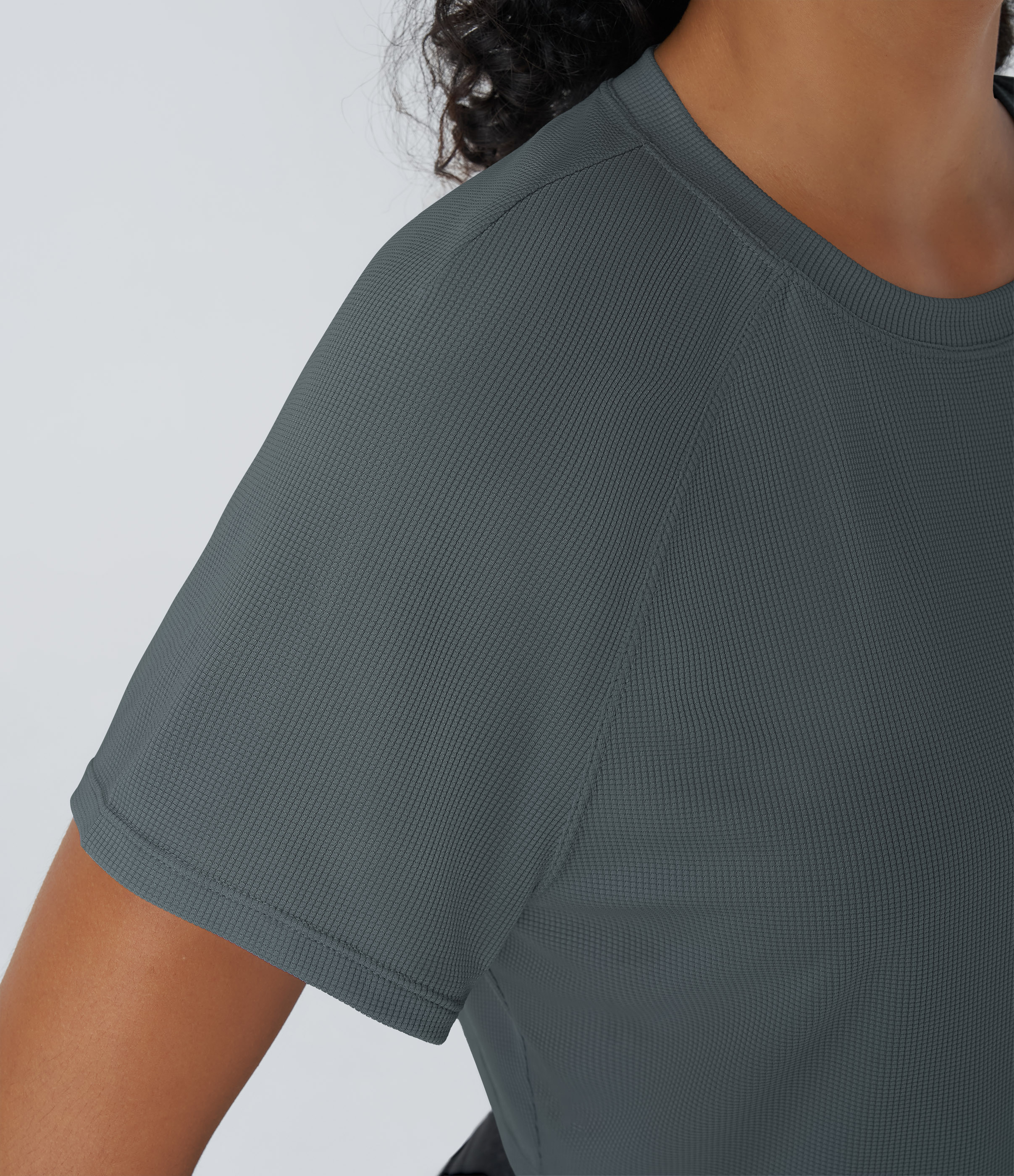 Halara Raglan Sleeve Solid Cropped Waffle Casual Tee  - Hurricane Grey - XS 