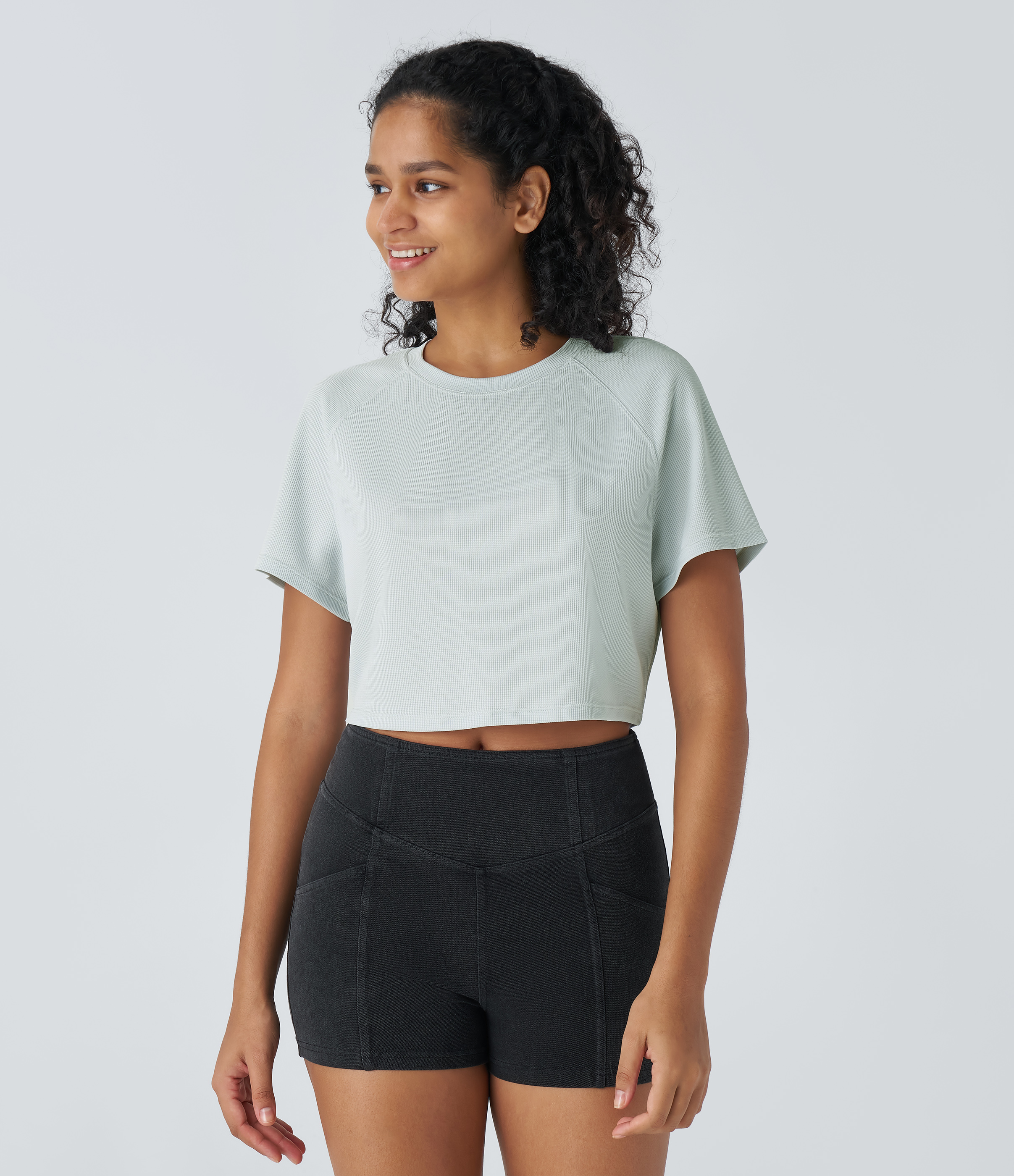 Halara Raglan Sleeve Solid Cropped Waffle Casual Tee  - Frost Clear Haze - M 