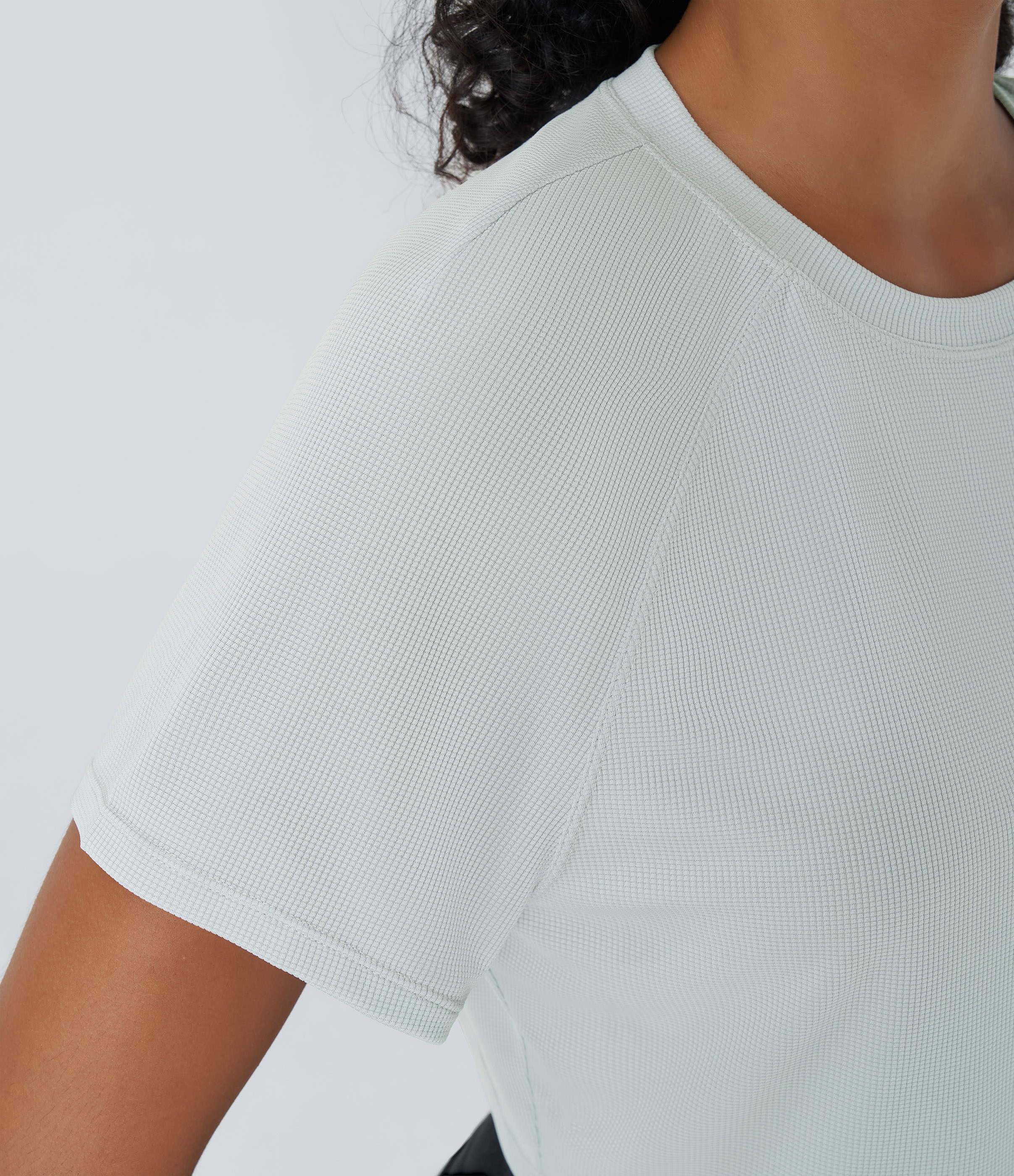 Halara Raglan Sleeve Solid Cropped Waffle Casual Tee  - Frost Clear Haze - M 