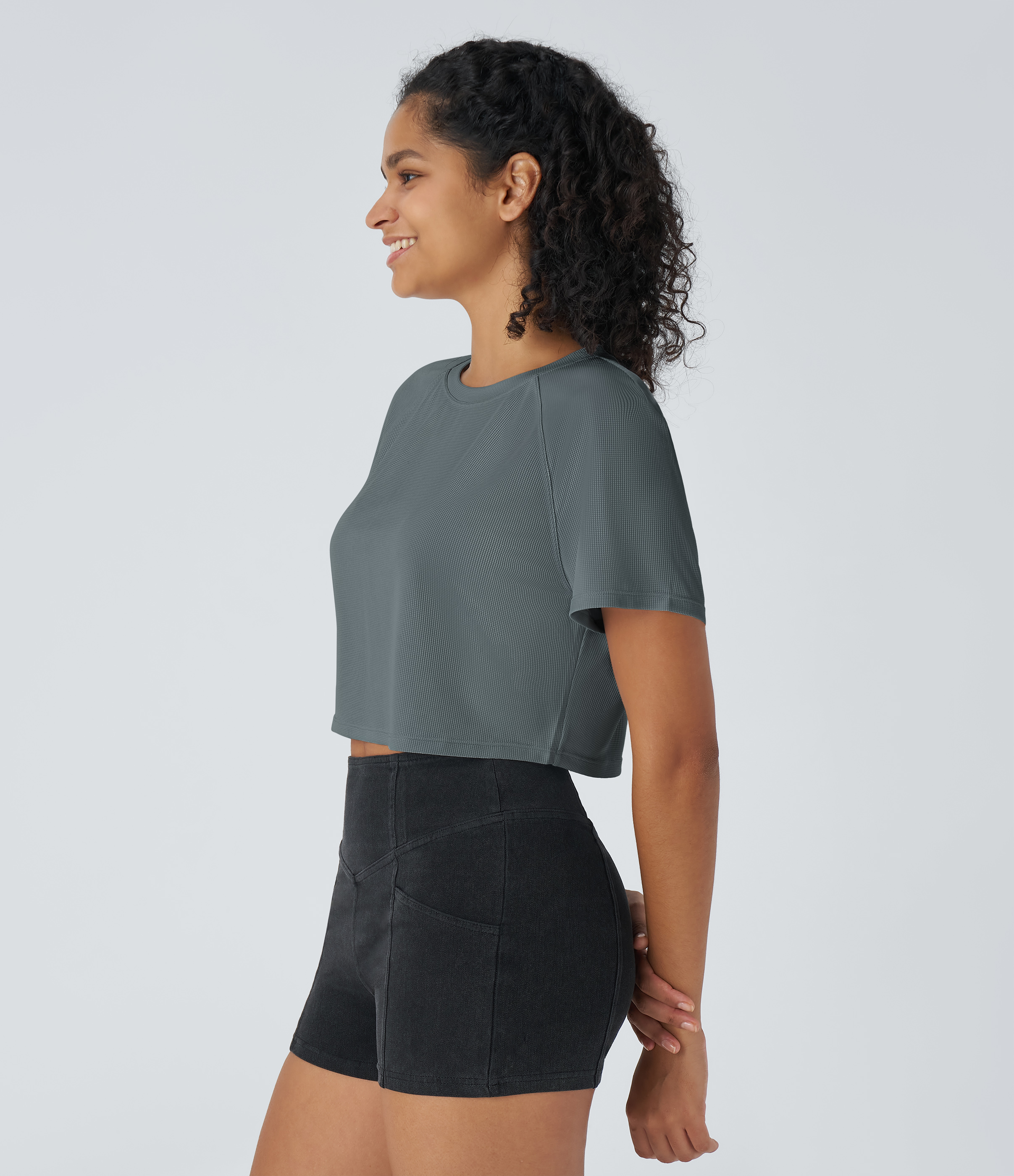 Halara Raglan Sleeve Solid Cropped Waffle Casual Tee  - Hurricane Grey - XS 