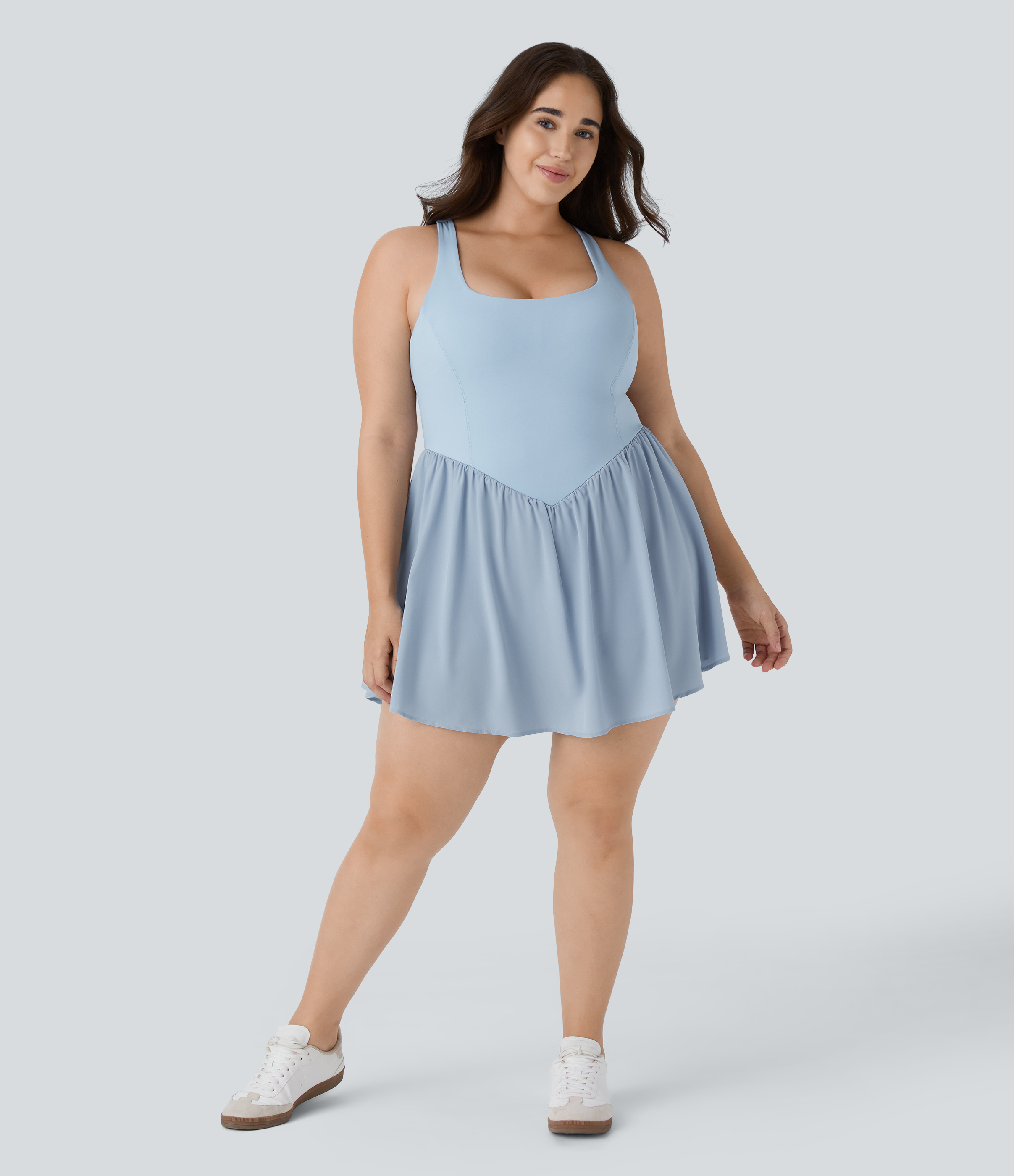 Halara Breezefulв„ў Square Neck Backless Cut Out Crisscross Twisted Back 2-in-1 Side Pocket Corset Mini Quick Dry Flowy Casual Plus Size Dress  - Angel Falls - 1X 