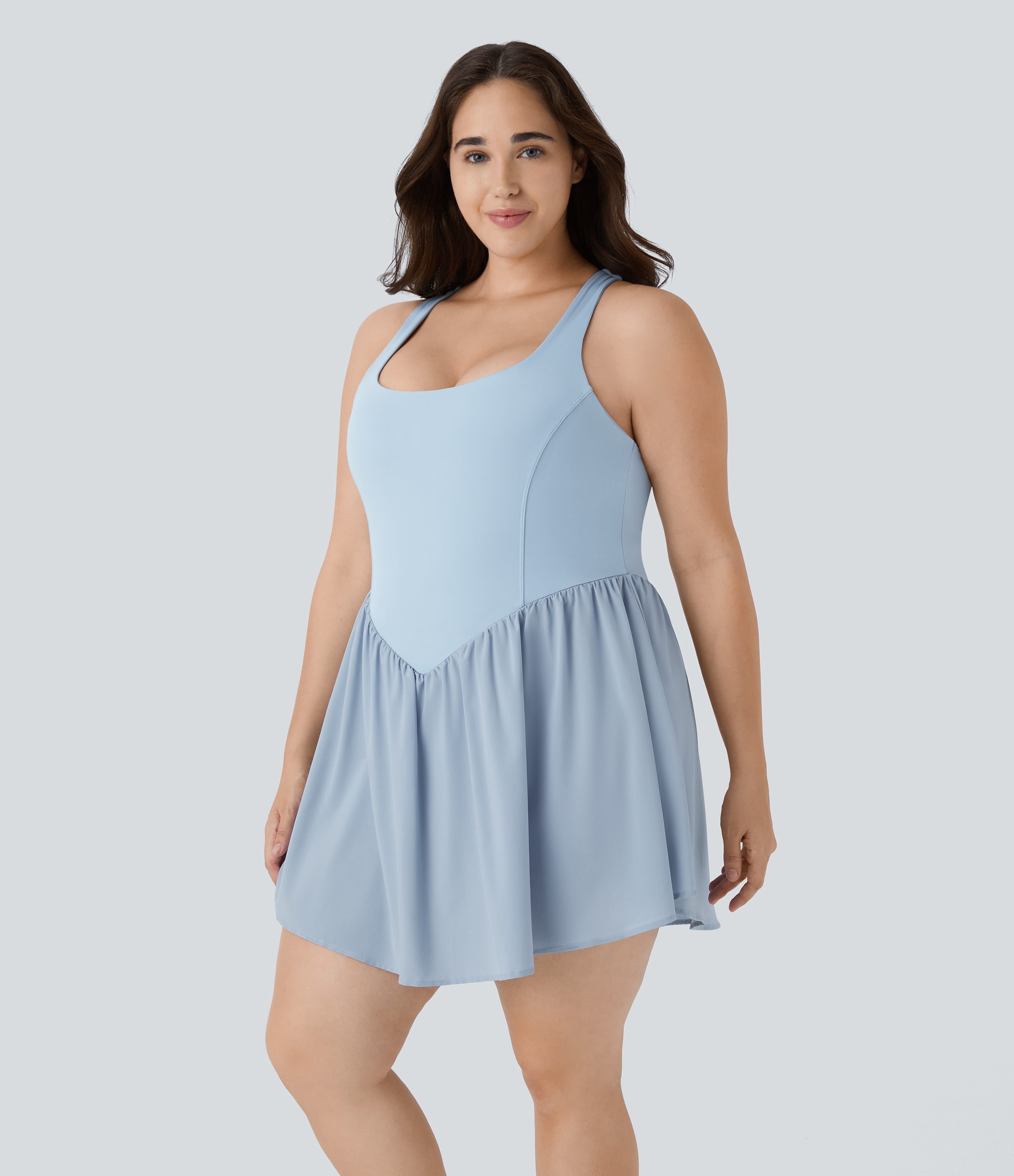 Halara Breezefulв„ў Square Neck Backless Cut Out Crisscross Twisted Back 2-in-1 Side Pocket Corset Mini Quick Dry Flowy Casual Plus Size Dress  - Angel Falls - 1X 