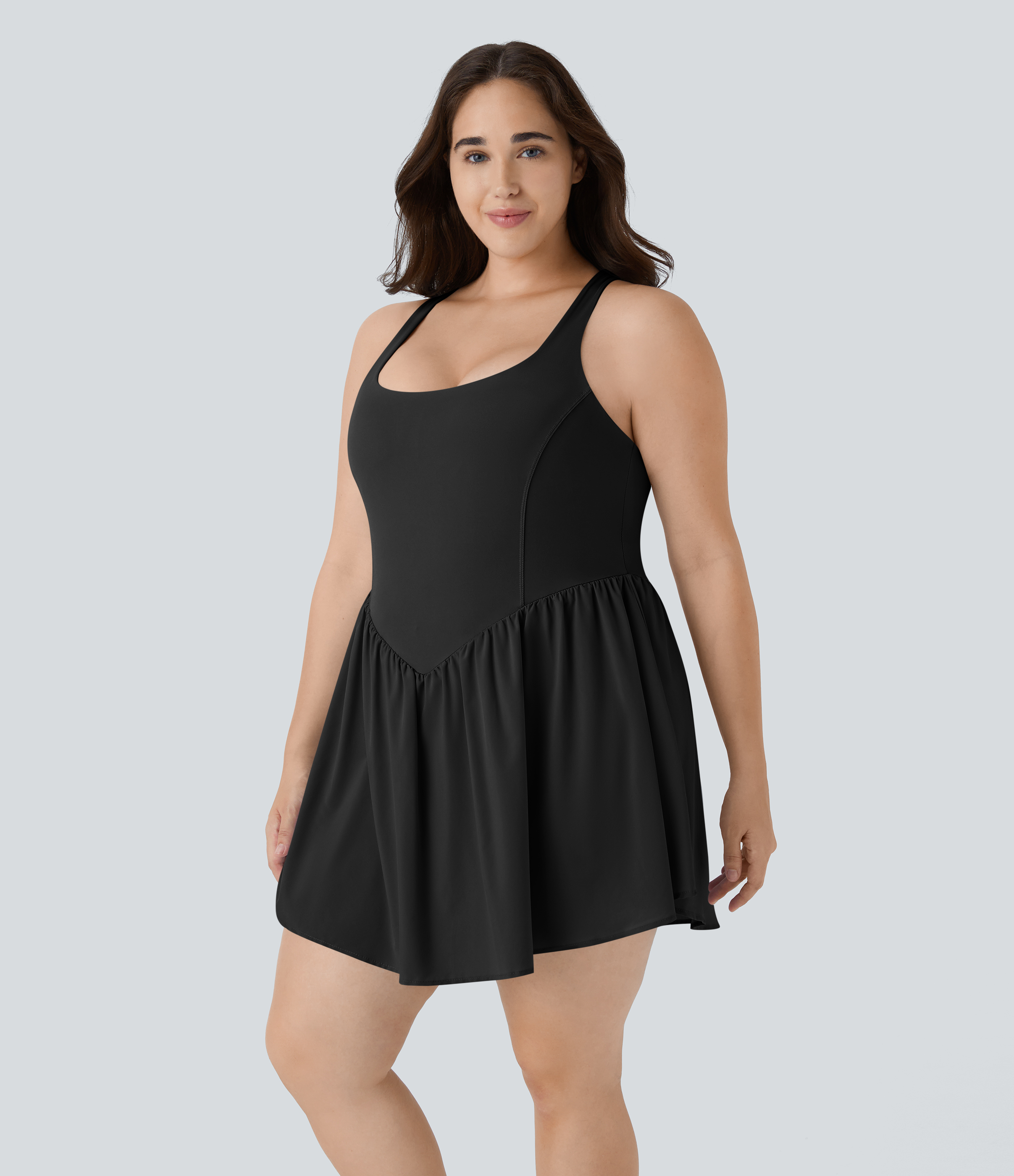 Halara Breezefulв„ў Square Neck Backless Cut Out Crisscross Twisted Back 2-in-1 Side Pocket Corset Mini Quick Dry Flowy Casual Plus Size Dress  - Black - 1X 